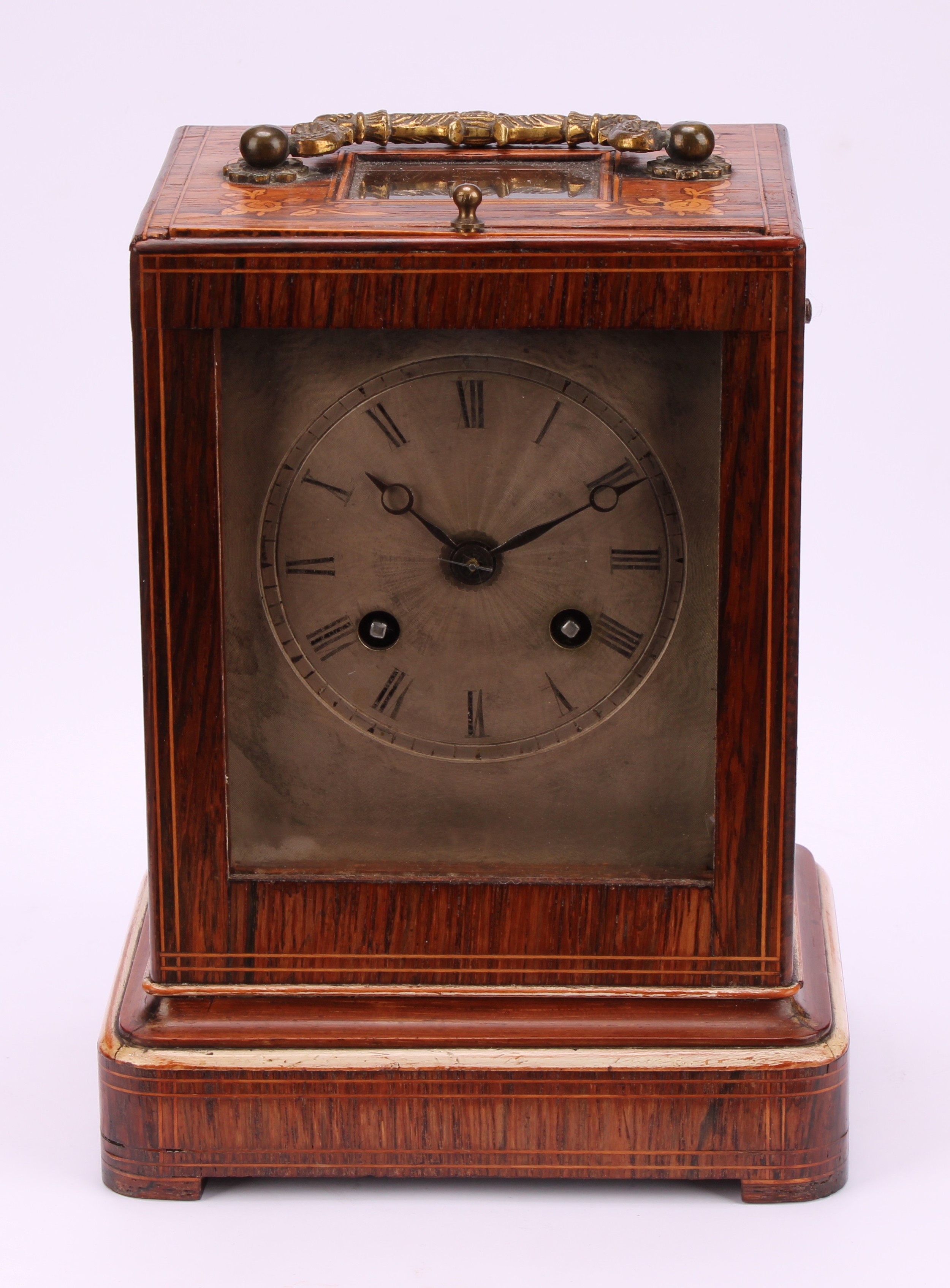 A 19th century French rosewood and marquetry mantel clock, 9.5cm silvered dial inscribed with - Image 2 of 4