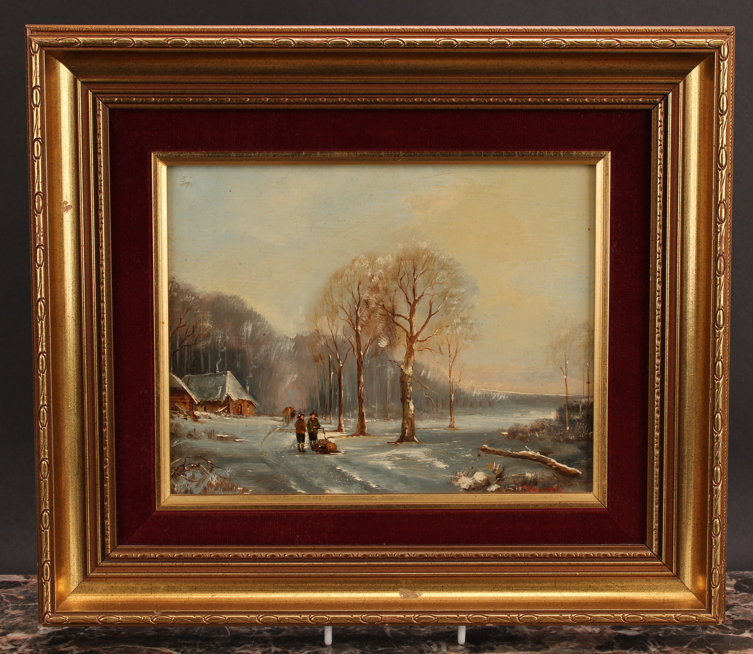 Jan Hovener (Dutch b.1936) Winter Walk, signed, oil on board, 18.5cm x 23.5cm - Image 2 of 4