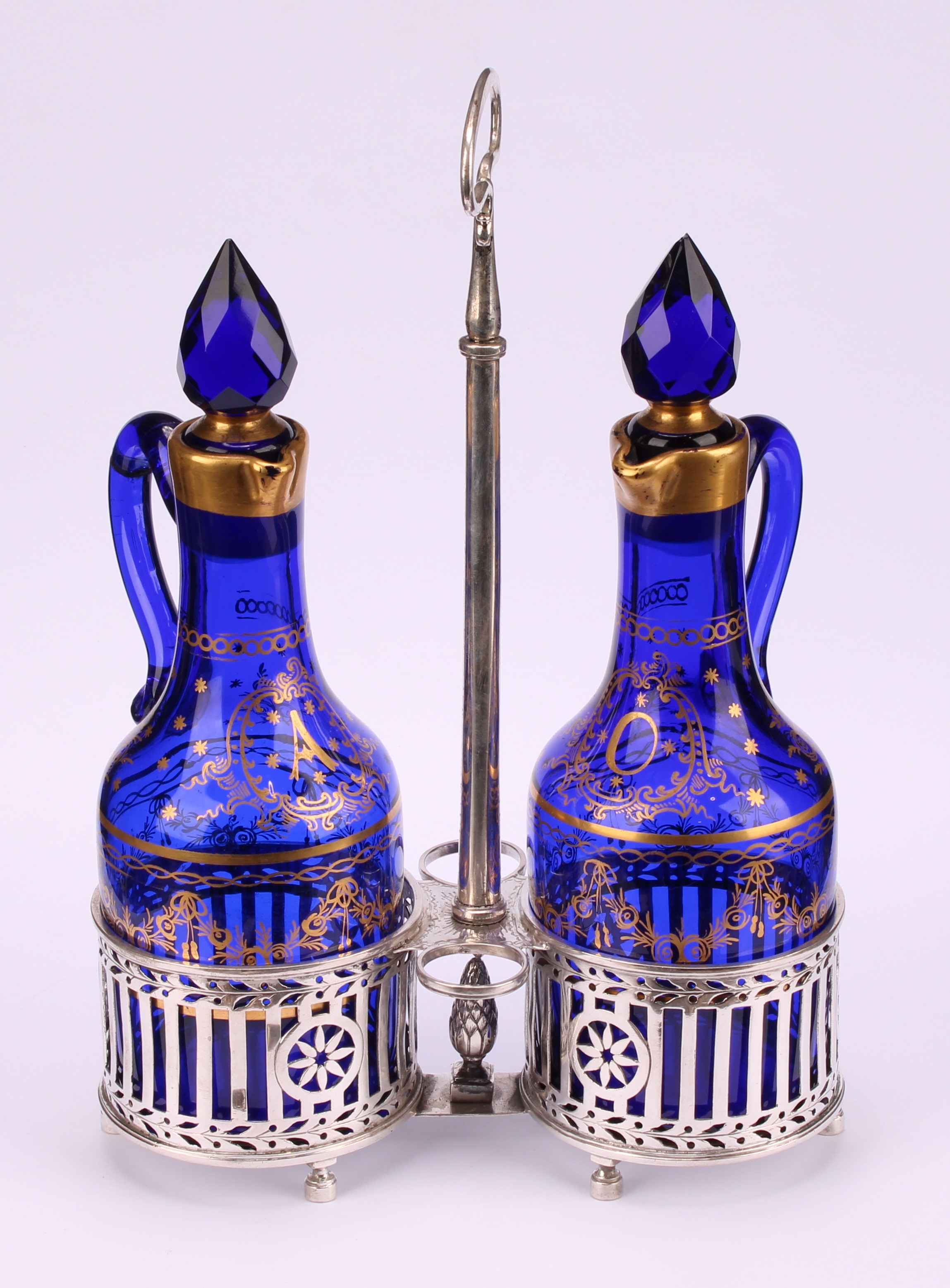 A 19th century Belgian silver two-bottle oil and vinegar cruet, gilded blue glass decanters and - Image 2 of 4