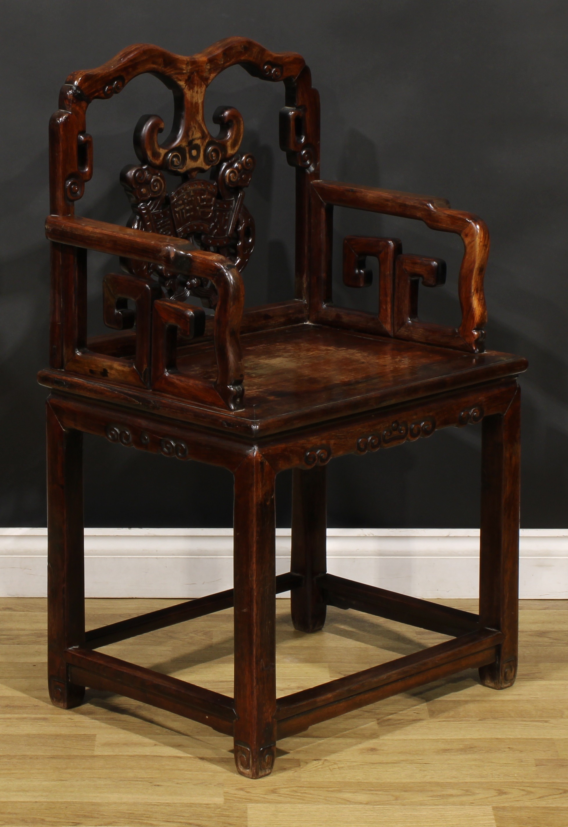 A pair of Chinese hardwood taishi armchairs, each with a shaped back carved with ruyi scepters, - Image 7 of 9