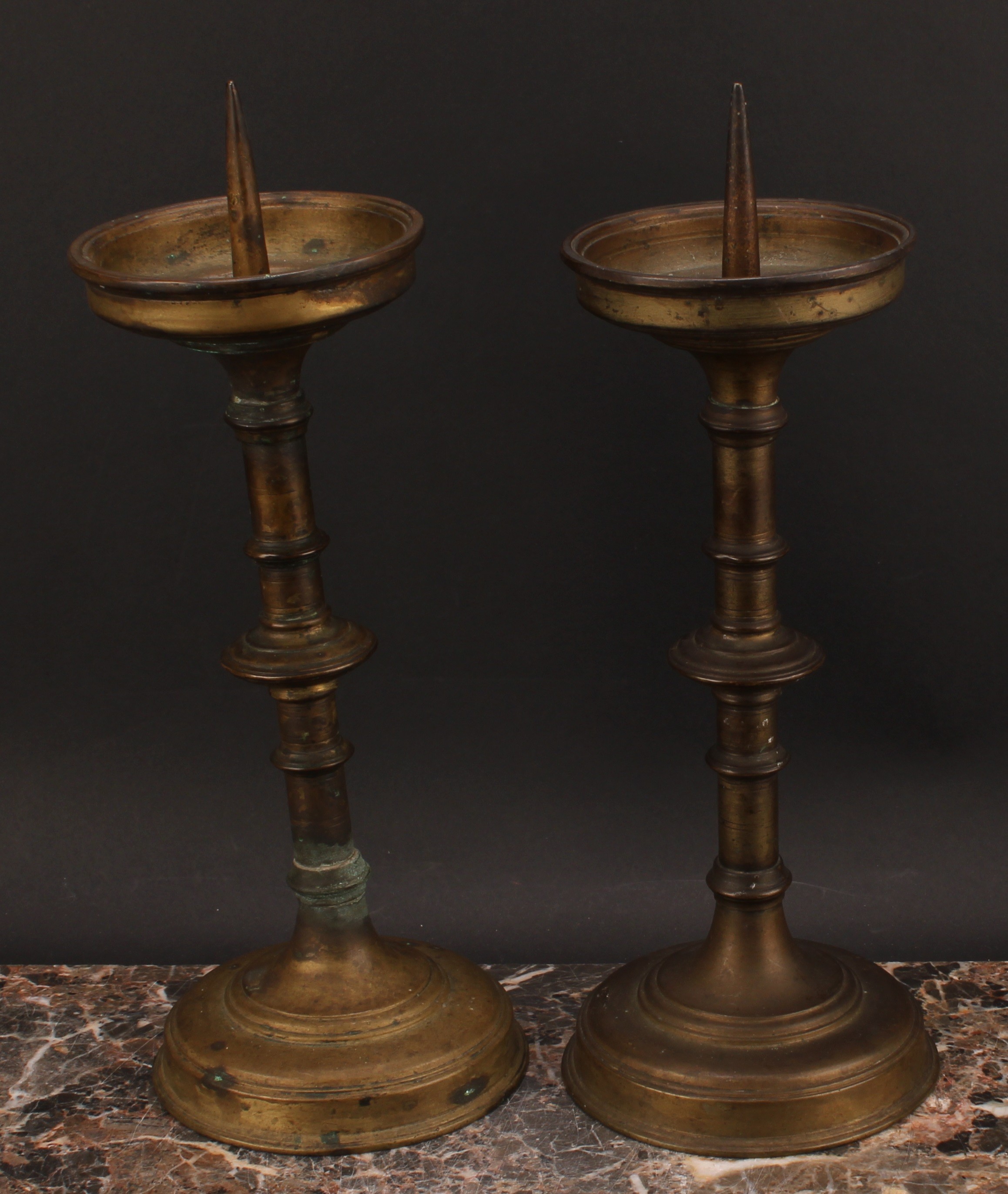 A pair of 17th century style brass pricket candlesticks, knopped stems, stepped circular bases, 34cm - Image 2 of 3