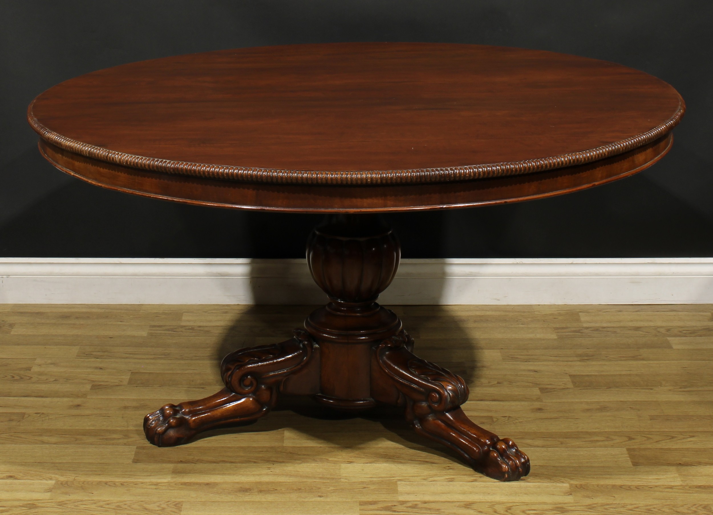 A 19th century mahogany centre table, possibly Irish, circular tilting top with reel moulded edge, - Image 2 of 4
