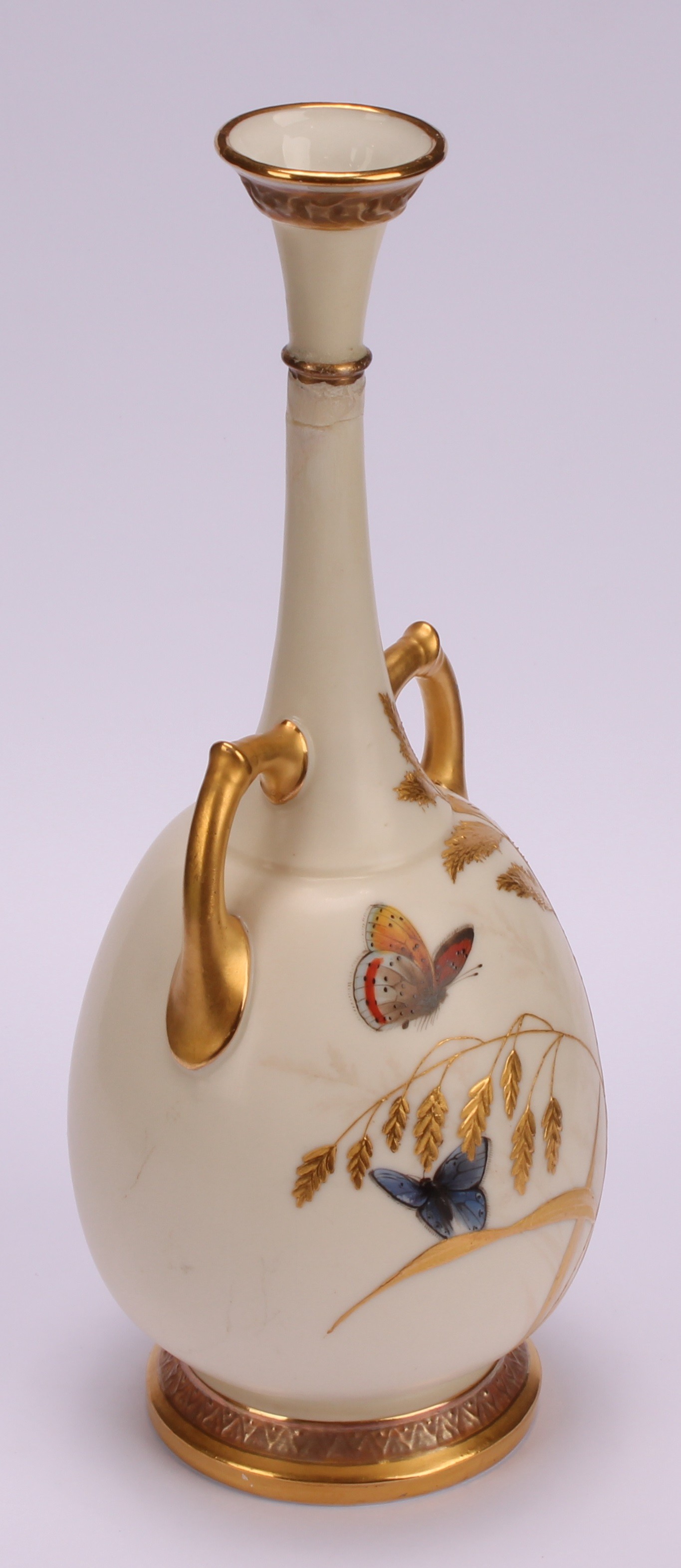 A pair of Royal Worcester two handled bottle vases, decorated in the Aesthetic manner with - Image 8 of 10