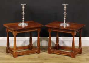 A pair of 17th century style yew joint stools, by Will Tyers, Horny, Lancaster, 36cm high, 40cm