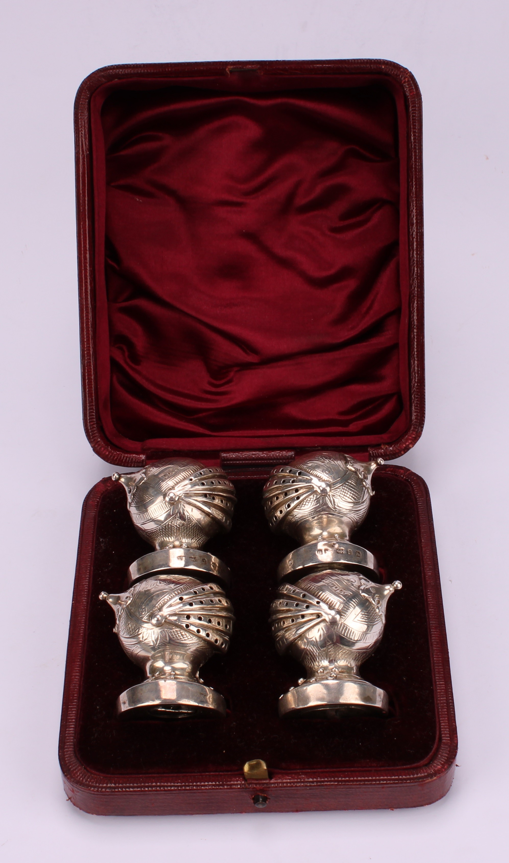 A set of four Victorian Gothic Revival silver novelty peppers, each as a knight's helmet and - Image 7 of 7