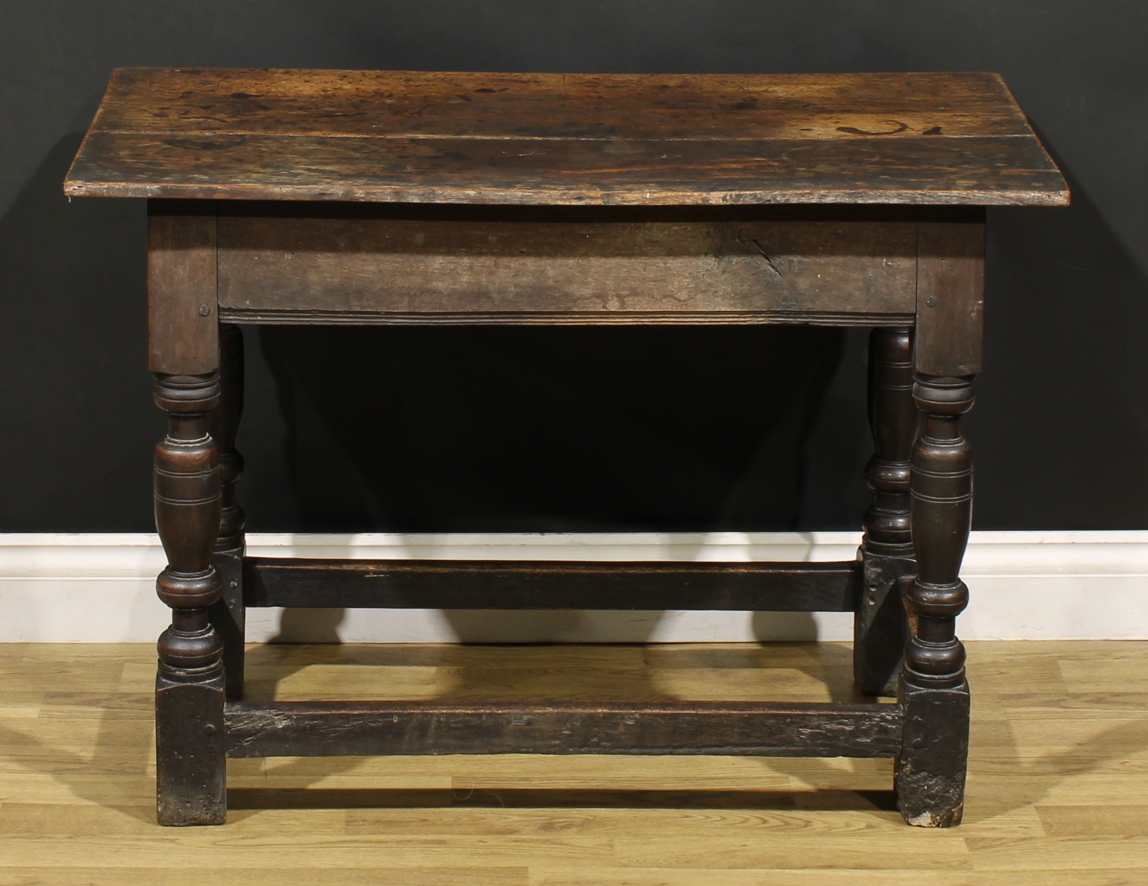 A 17th century oak side table, oversailing top above a long frieze drawer carved with leafy - Image 6 of 6