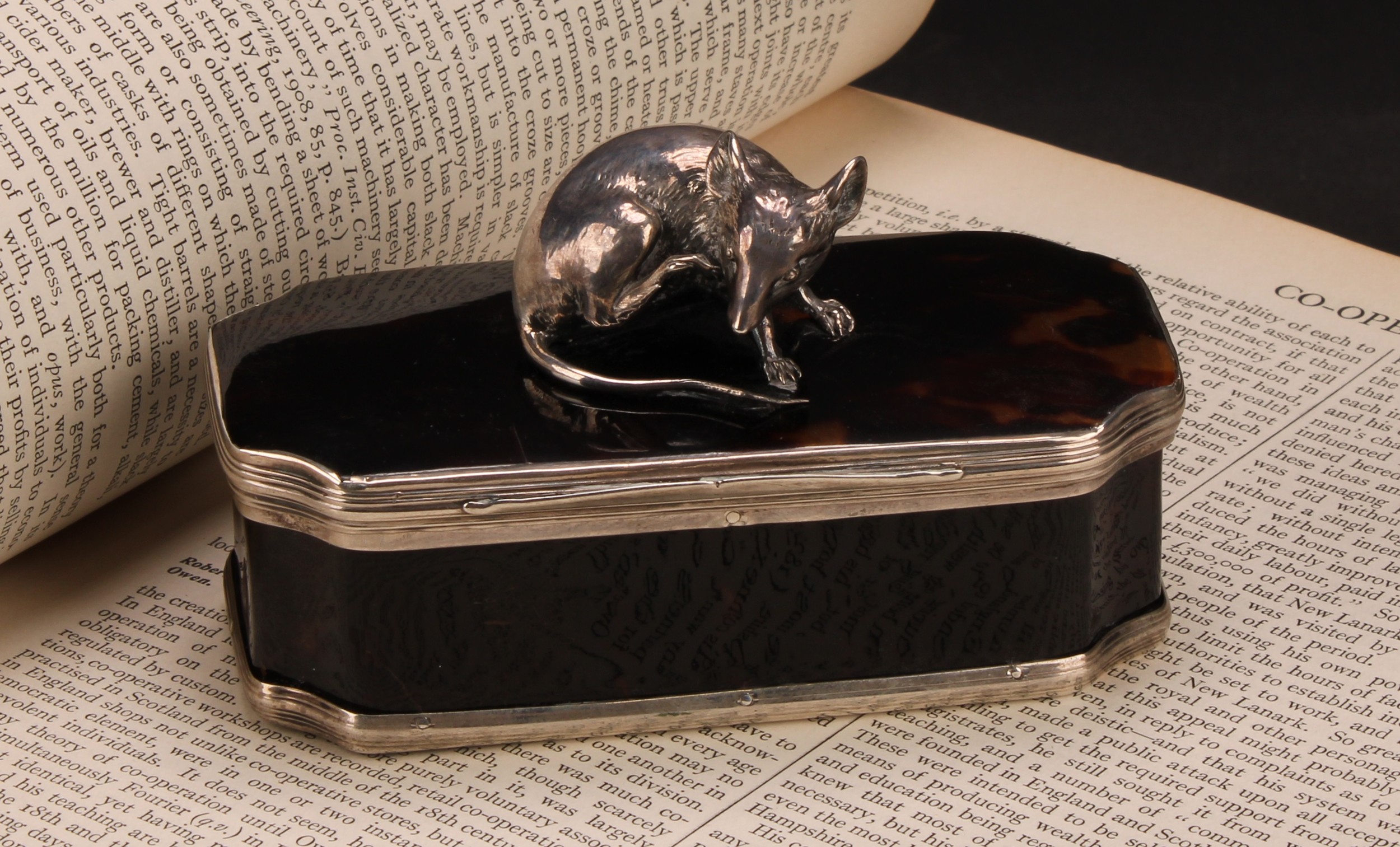 An unusual 19th century silver coloured metal mounted faux tortoiseshell box, the hinged cover