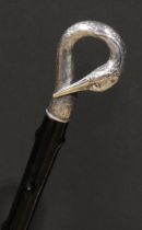 An Austrian silver mounted novelty walking stick, the handle as the head of a heron, with neck
