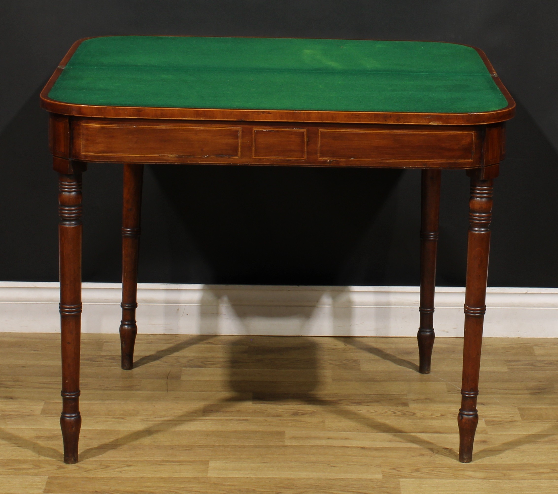 A Regency rosewood crossbanded mahogany card table, hinged top enclosing a baize lined playing - Image 2 of 5