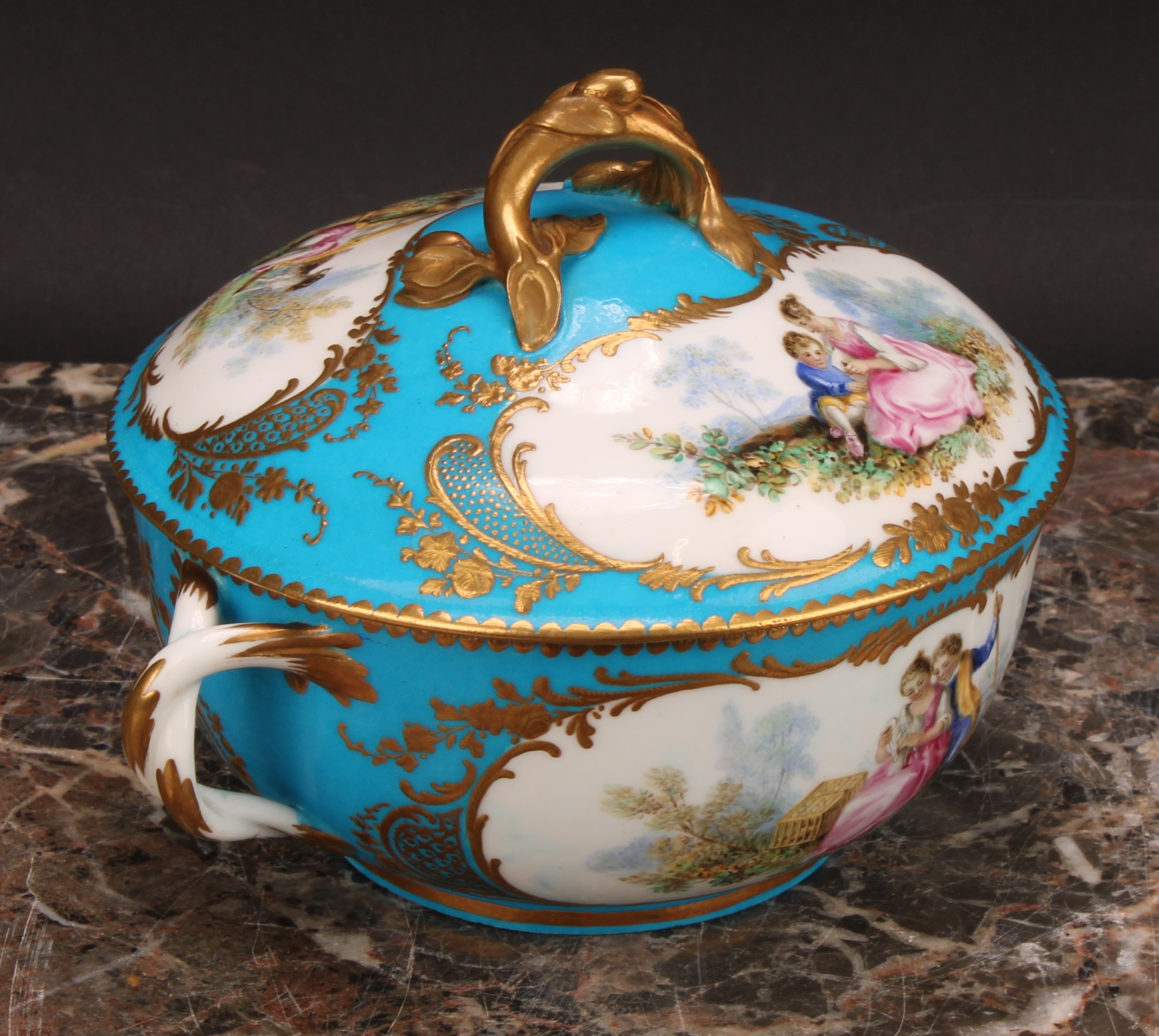 A Continental porcelain eculle and cover, painted with courting couples in a pastoral idyl, within - Image 3 of 8