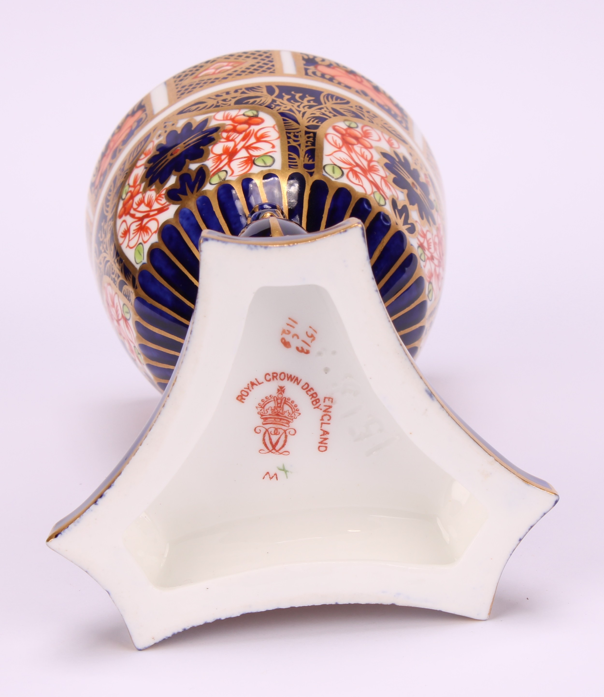 A pair of Royal Crown Derby 1128 Imari pattern egg shaped pedestal pot pourri jars and covers, - Image 6 of 12