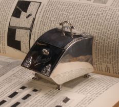 A late Victorian silver purdonium standish, "Stamps", the inkwell with glass liner, hinged fall