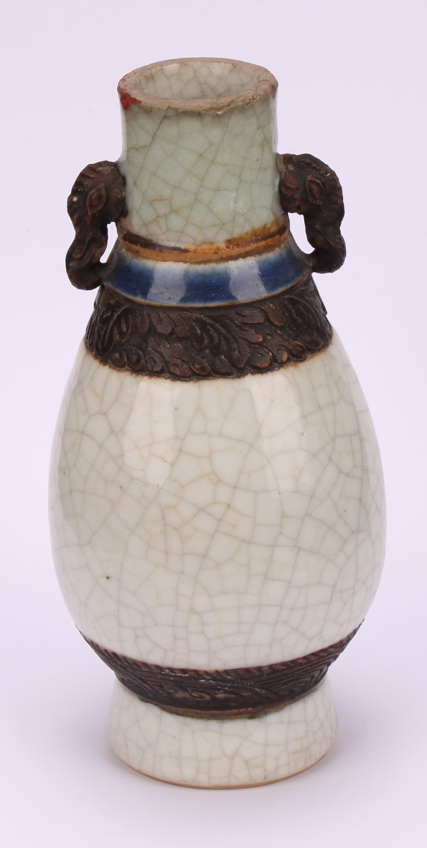 A Chinese crackle glazed ovoid vase, elephant handles, brown, blue and celadon ground, 18.5cm - Image 3 of 7
