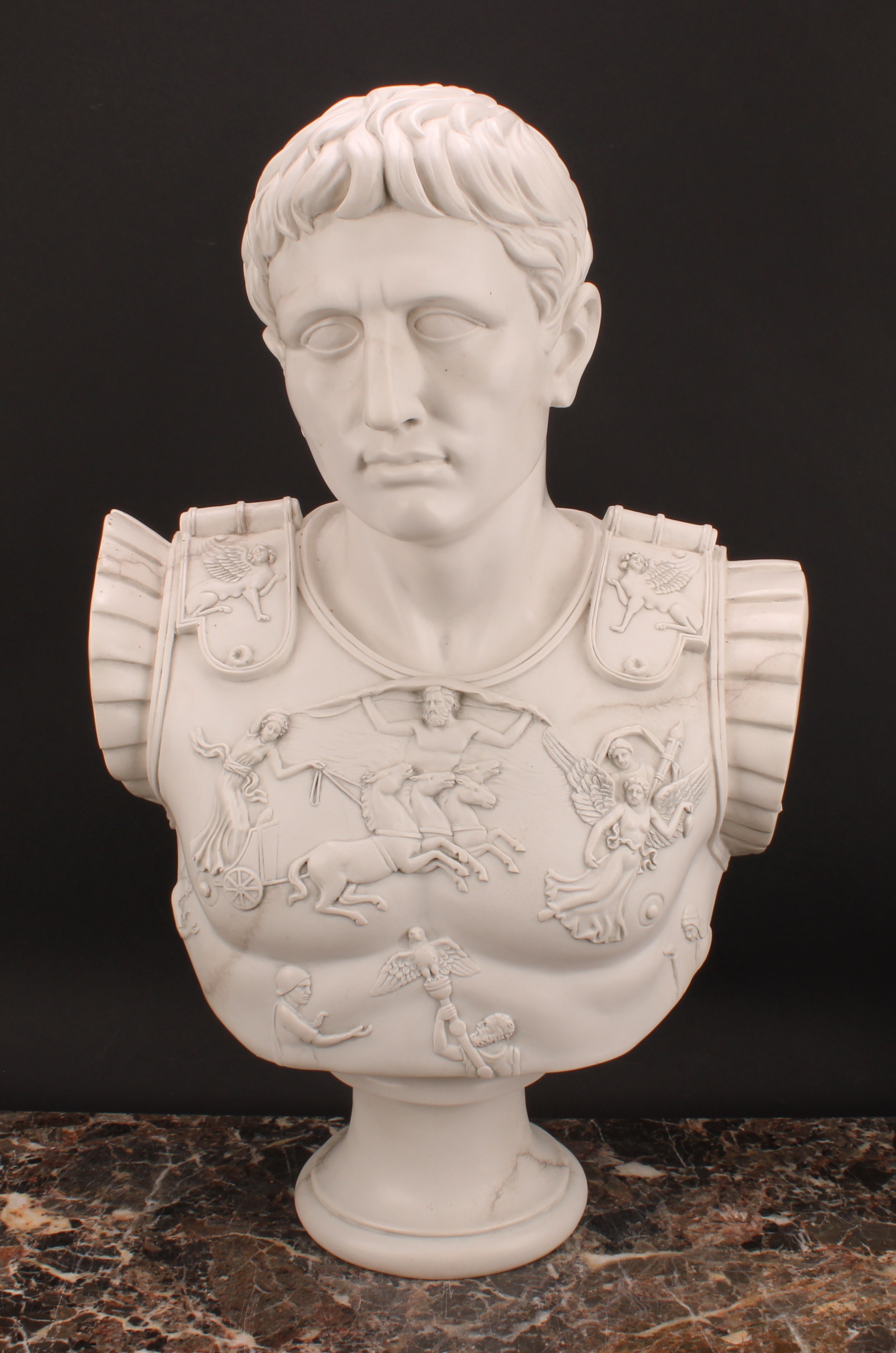 A Grand Tour style reconstituted marble library bust, Gaius Julius Caesar Augustus, waisted socle, - Image 2 of 4