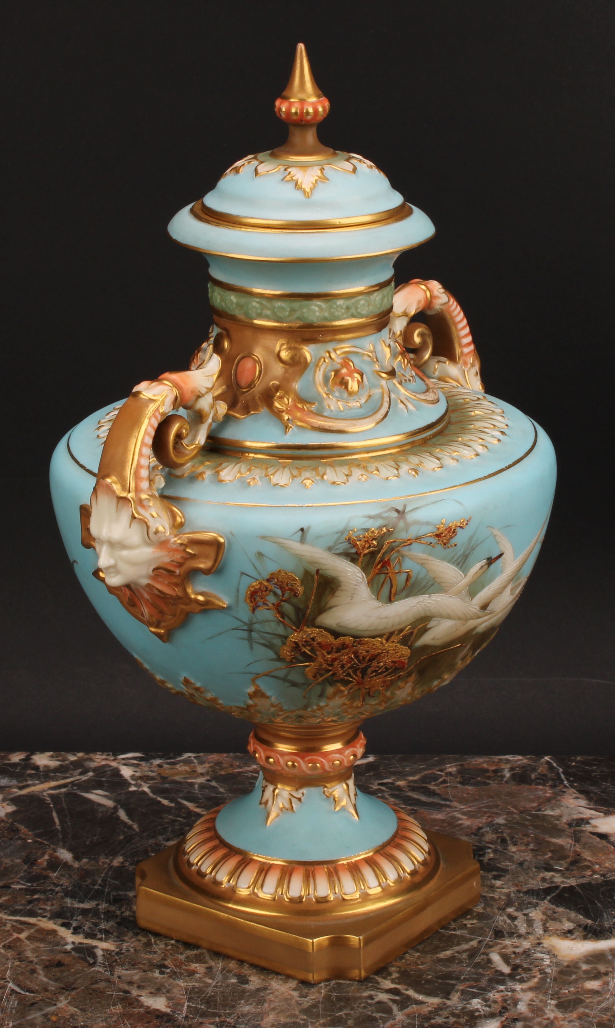 A Royal Worcester pedestal vase and cover, painted by Charles Baldwin, signed, with swans, on a blue - Image 3 of 8