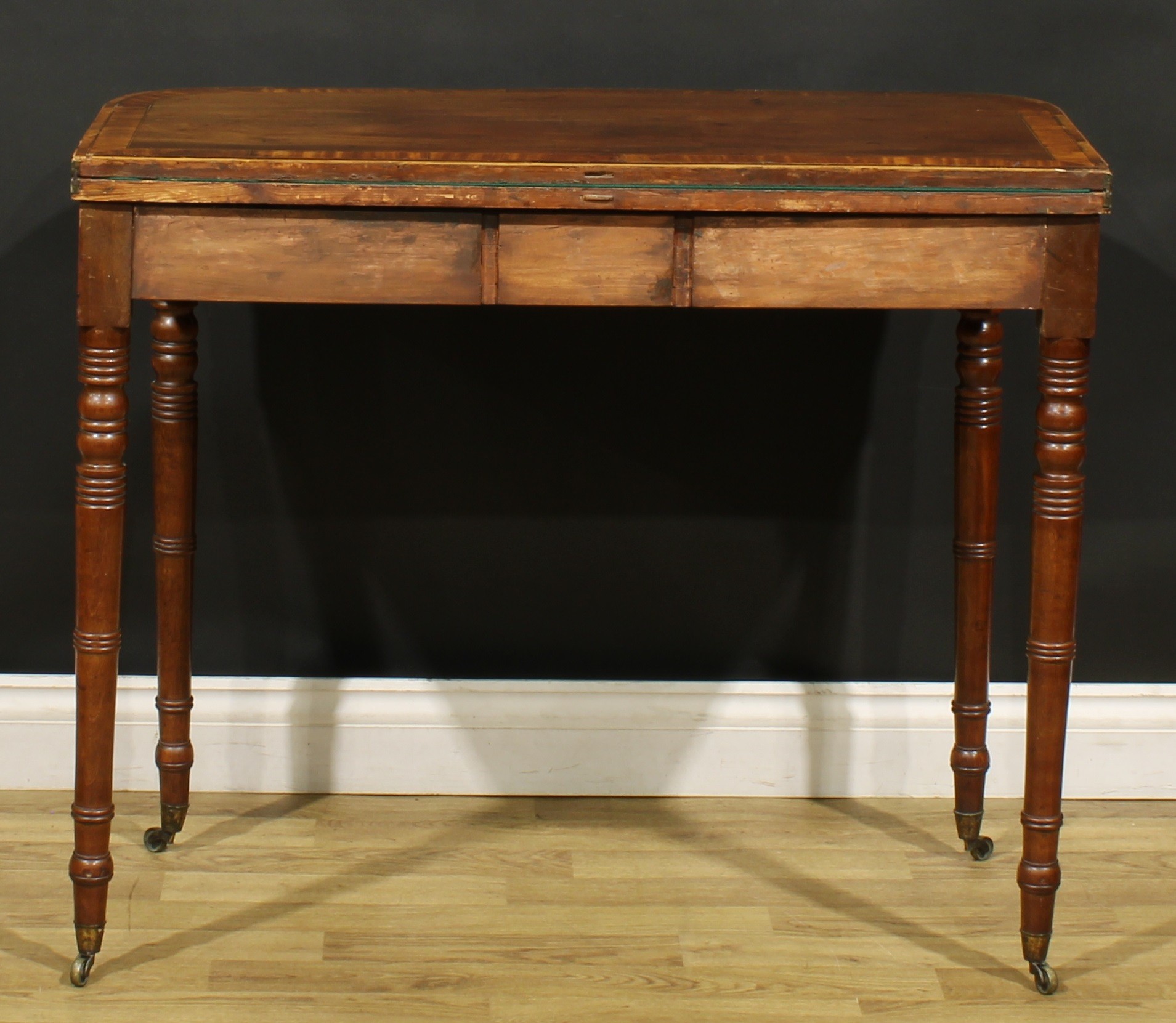 A Regency mahogany card table, hinged satinwood and rosewood crossbanded top enclosing a baize lined - Image 6 of 6