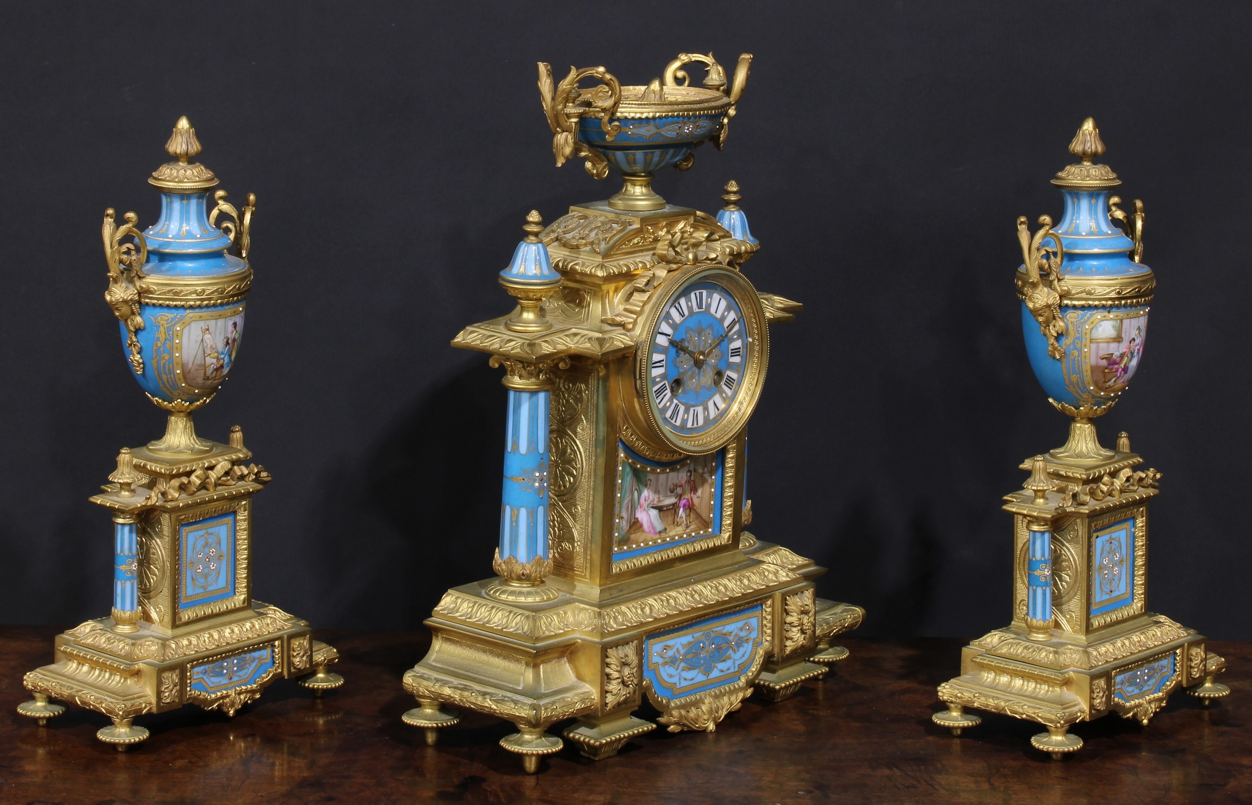 A 19th century French ormolu and porcelain clock garniature, in the Louis XVI Revival taste, 9cm - Image 2 of 4