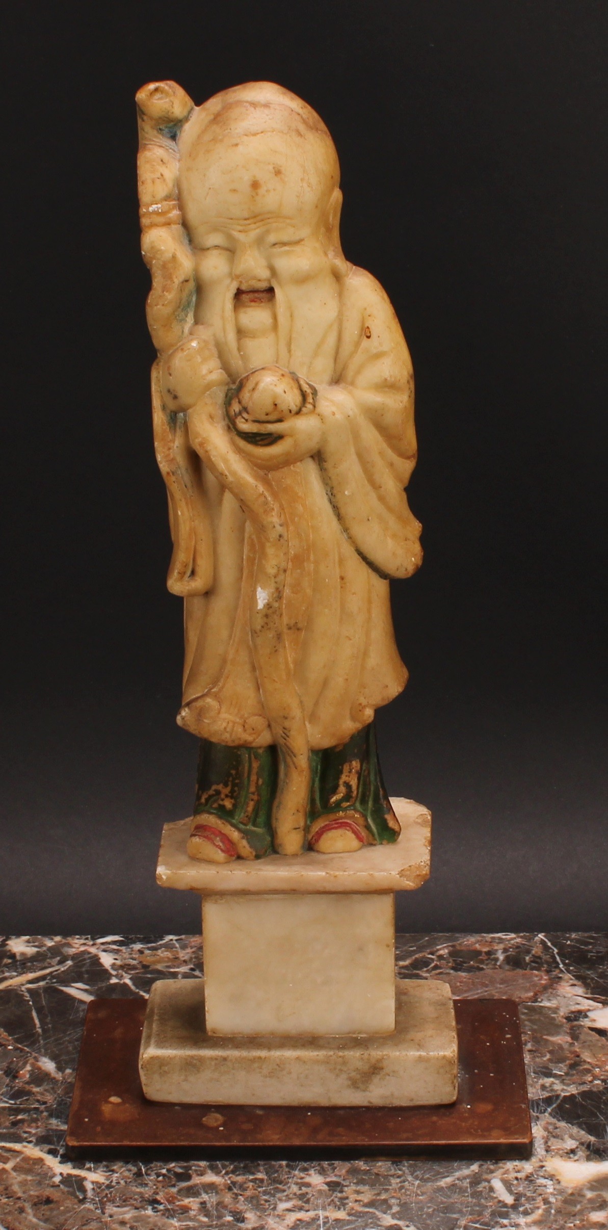 A pair of Chinese soapstone figures, carved as Shou Lao and Guanyin, each picked out in - Image 2 of 7