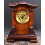 An Art Nouveau marquetry mantel clock, 10cm dial inscribed with Arabic numerals, twin winding holes,