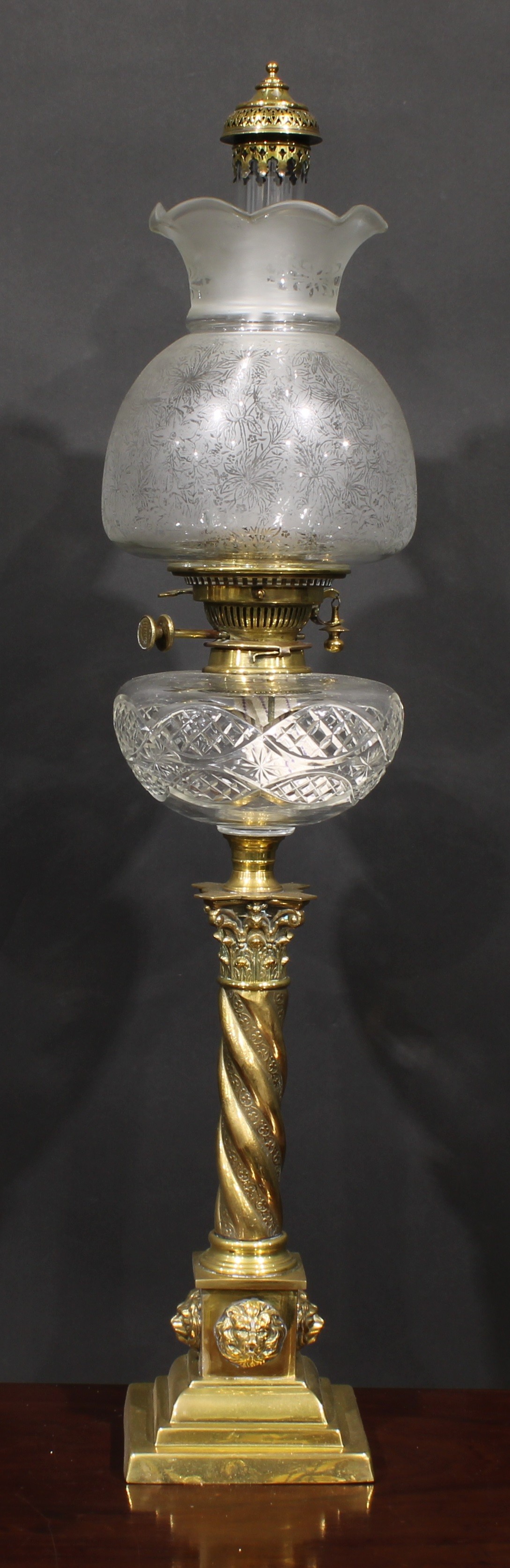 A 19th century brass oil lamp, clear cut glass font, Hinks No.2 Safety twin burner, ovoid frosted