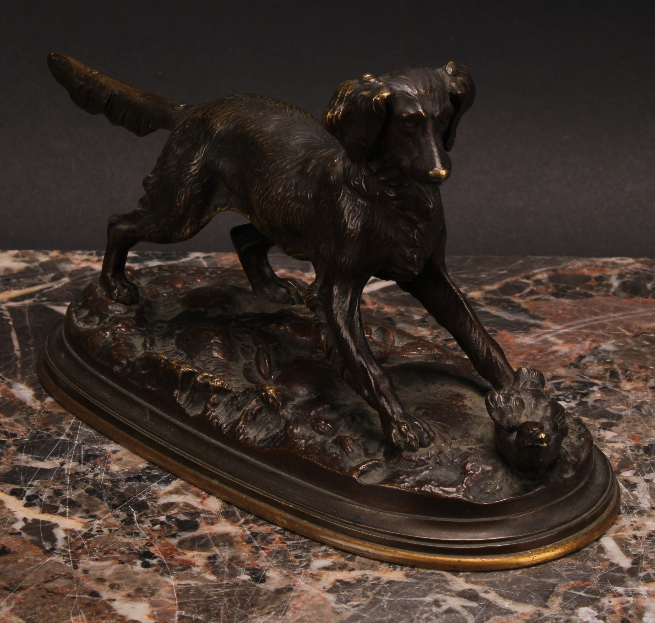 French School (19th century), a brown patinated bronze, of a retriever dog, oval base, 18cm long - Image 2 of 4