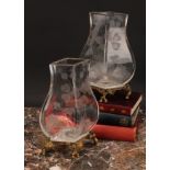 A pair of Continental ormolu mounted clear glass vases, each etched in the Art Nouveau taste with