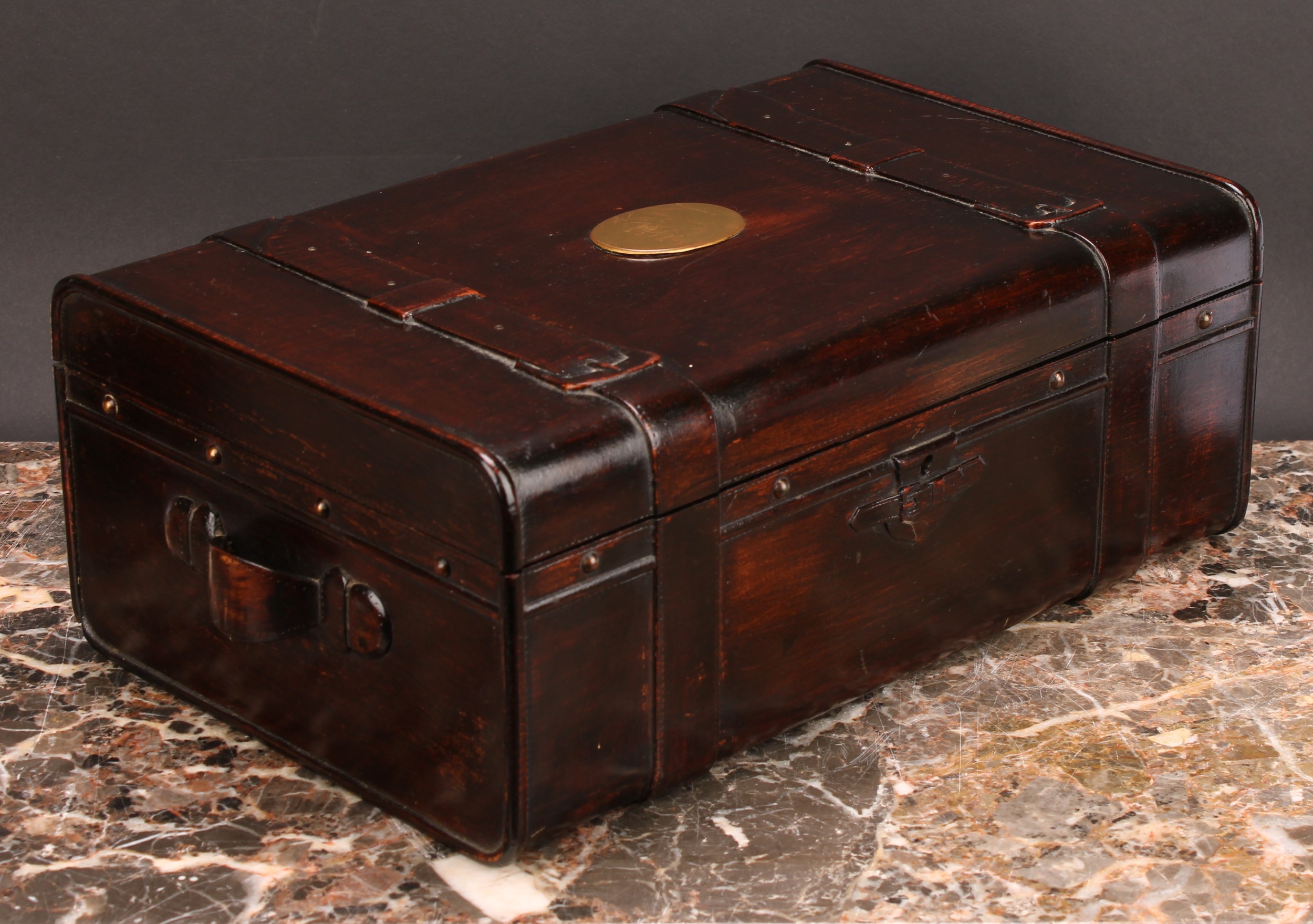 An unusual stained beechwood rectangular desk box, carved as a leather bound coaching trunk, the - Image 3 of 4