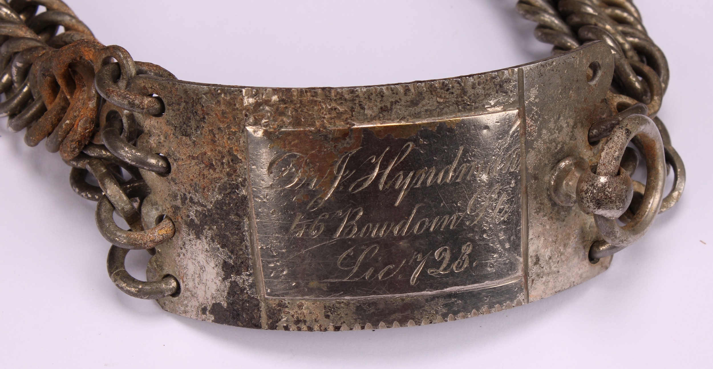 A 19th century American chain-link dog collar, the rectangular plaque inscribed Dr J Hyndman, 46 - Image 5 of 5