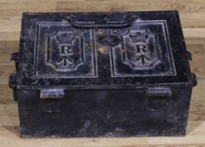 A 19th century cast iron military strongbox or safe, hinged cover cast with crowned R’s and broad