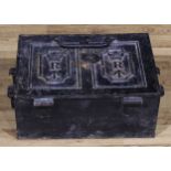 A 19th century cast iron military strongbox or safe, hinged cover cast with crowned R’s and broad