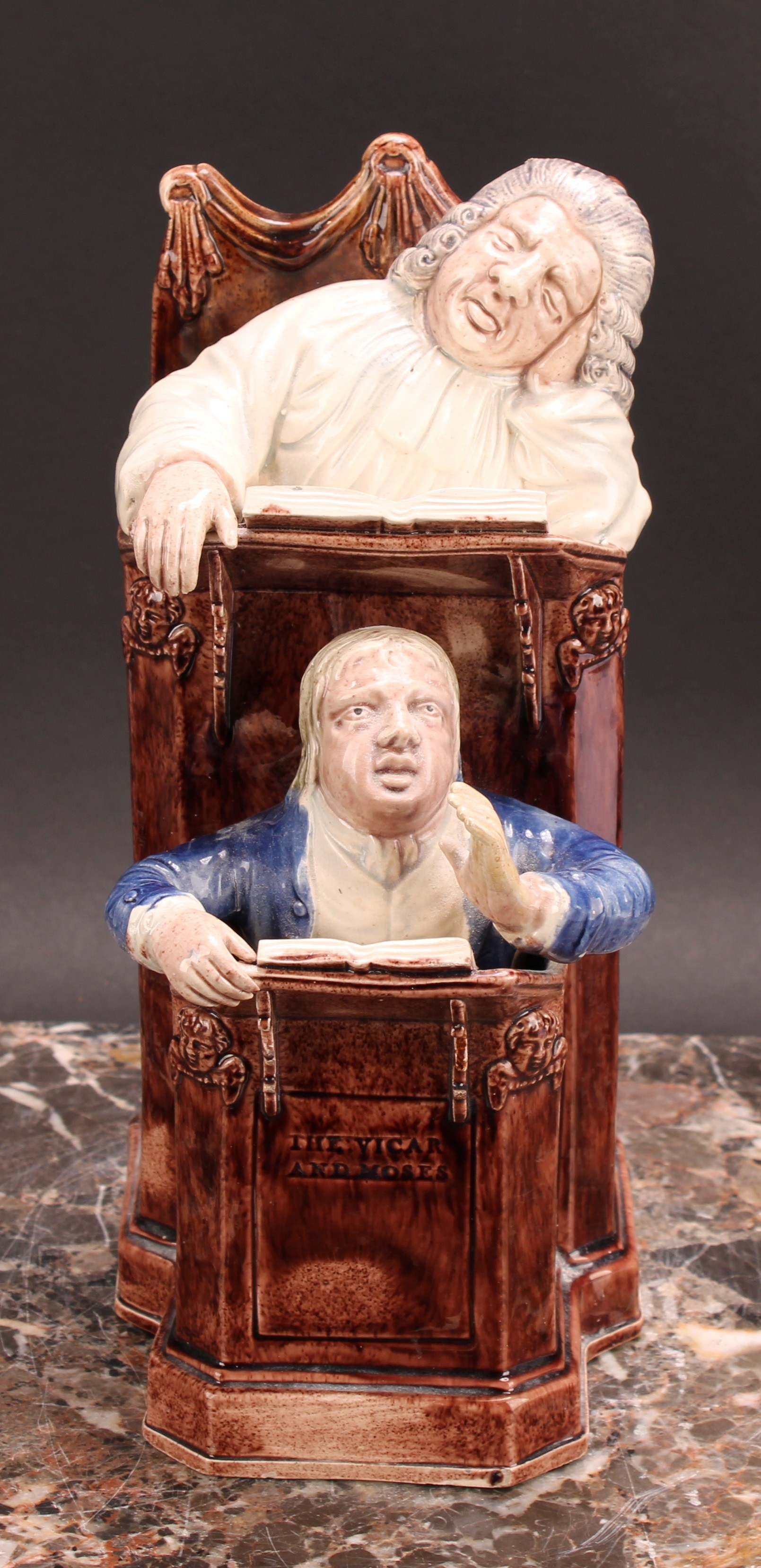 A Staffordshire pearlware figure group, The Vicar and Moses, with a sleeping vicar in the higher - Image 2 of 6