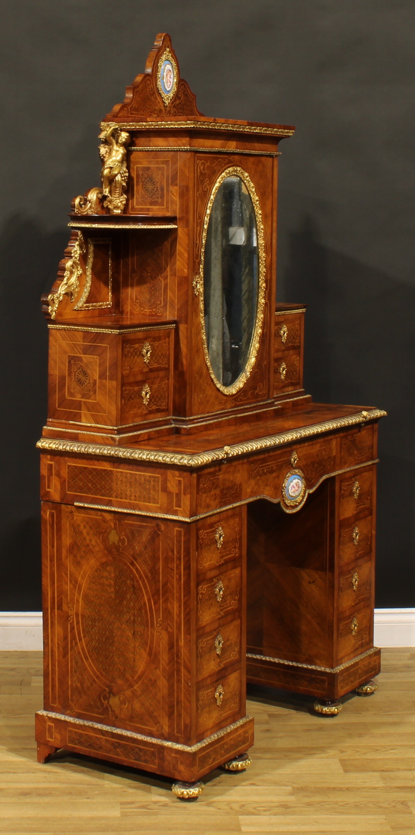 A Louis XV Revival gilt metal and porcelain mounted kingwood and marquetry exhibition-type twin - Image 5 of 7