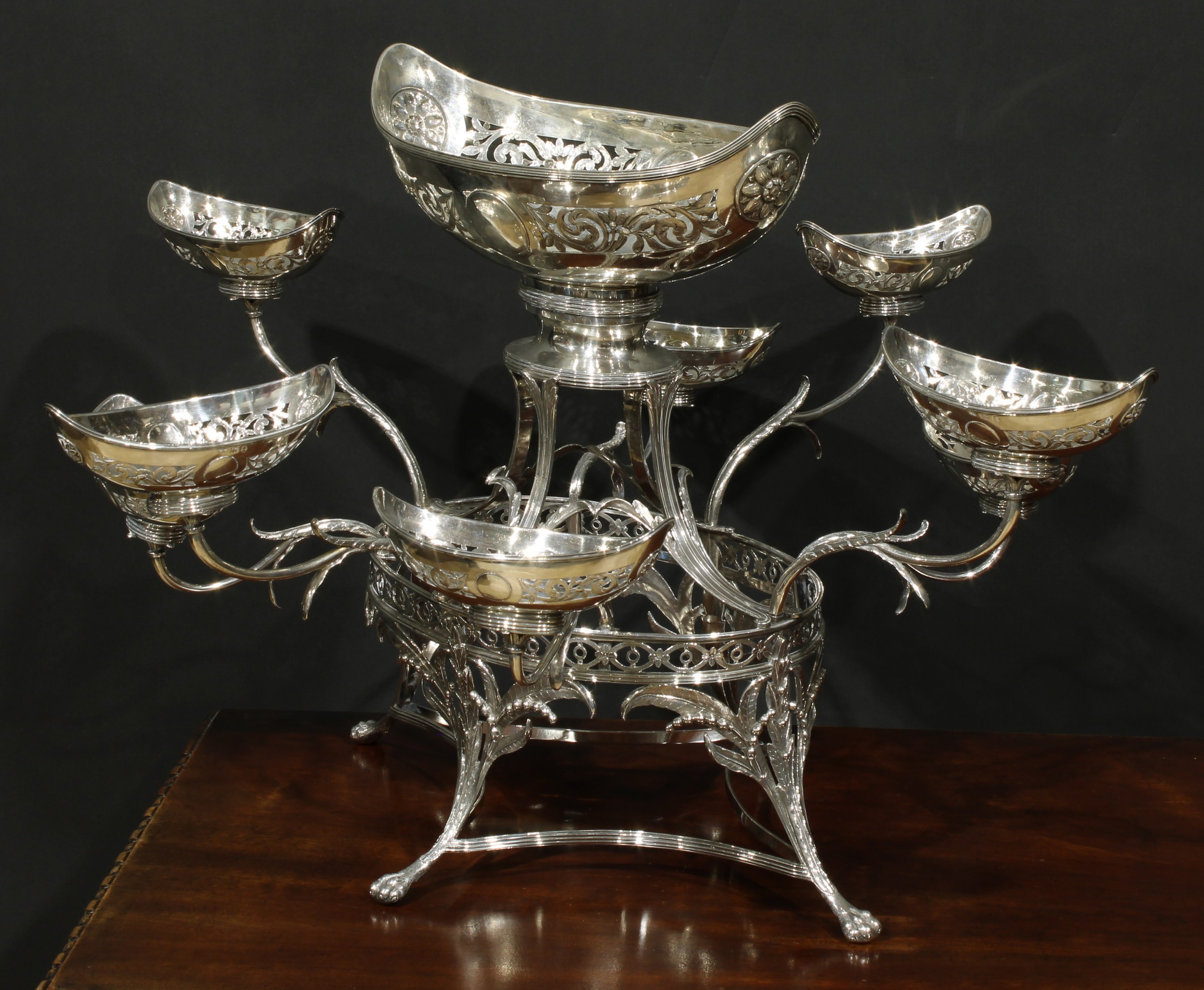 A George III silver table centrepiece epergne, central boat shaped dish above eight scroll - Image 3 of 6