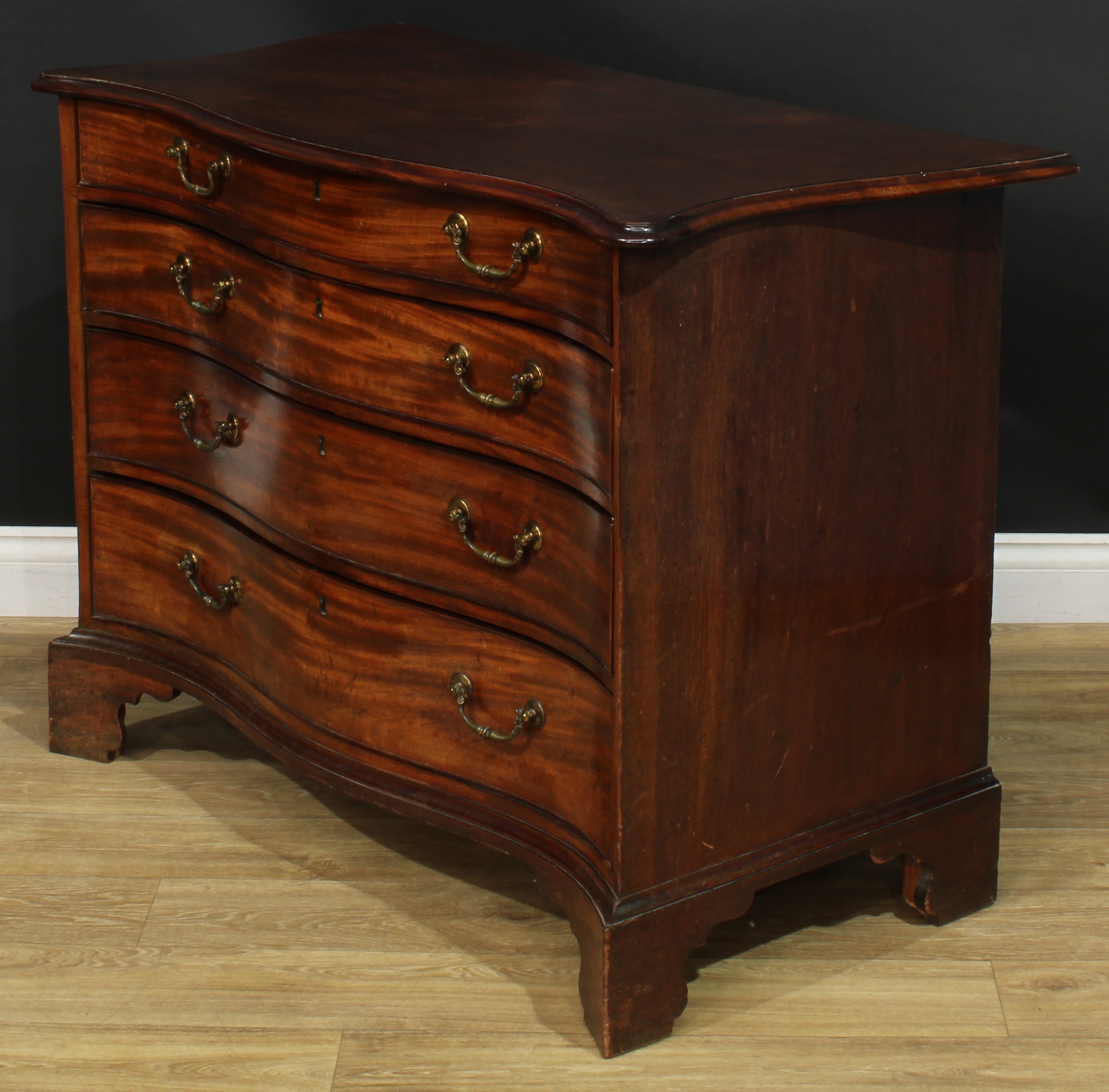 A George III mahogany serpentine chest, slightly oversailing top with moulded edge above four long - Image 4 of 5