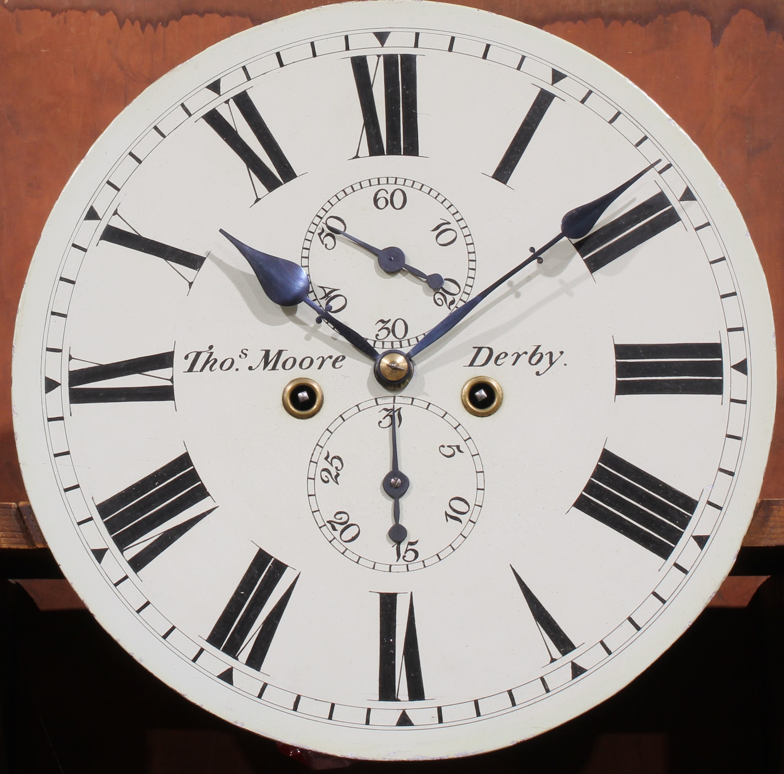 A Victorian mahogany longcase clock, 35cm circular dial inscribed Thos Moore Derby, Roman - Image 4 of 6