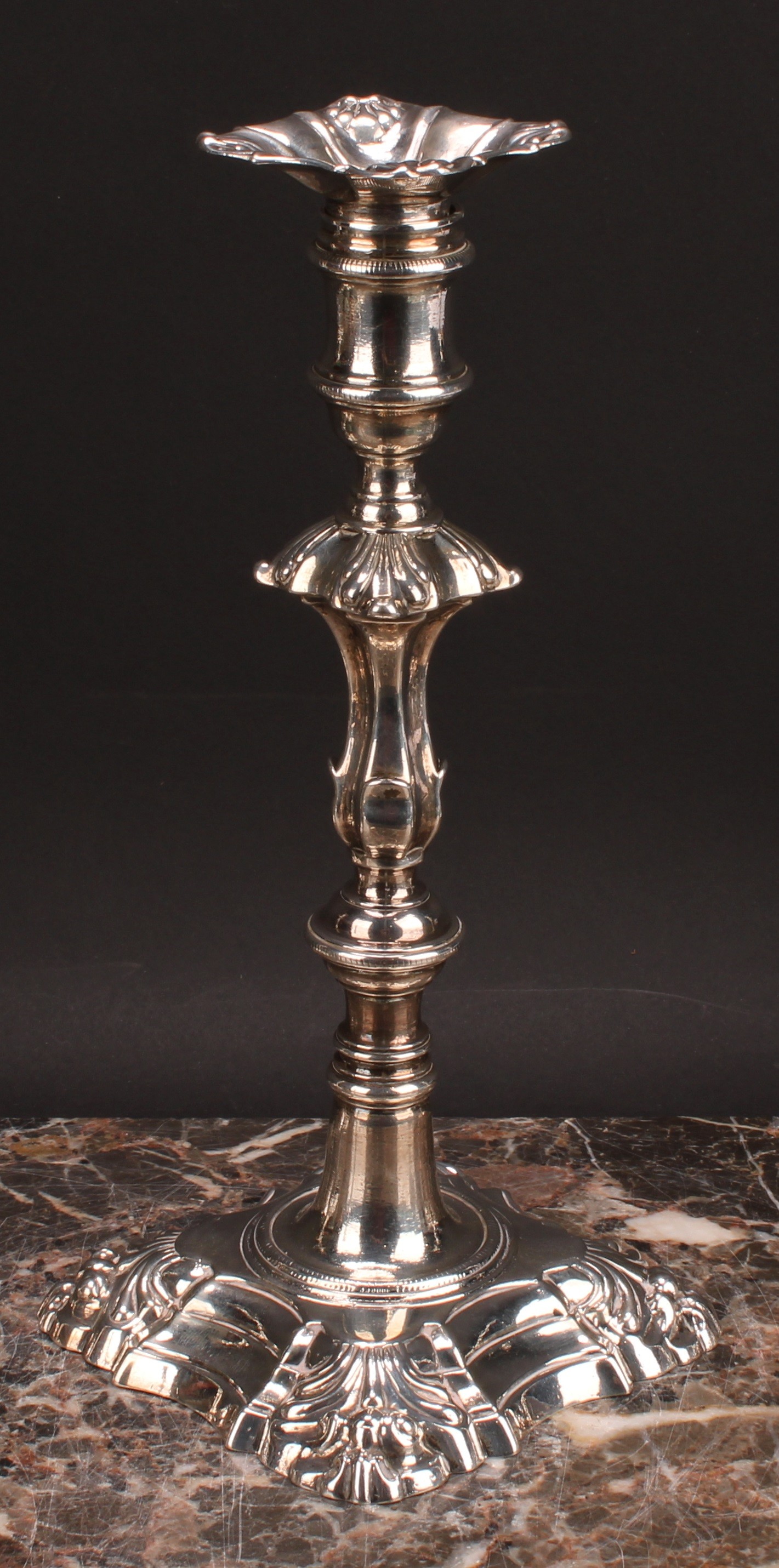 A composed set of four George II/early George III cast table candlesticks, detachable nozzles, - Image 4 of 14
