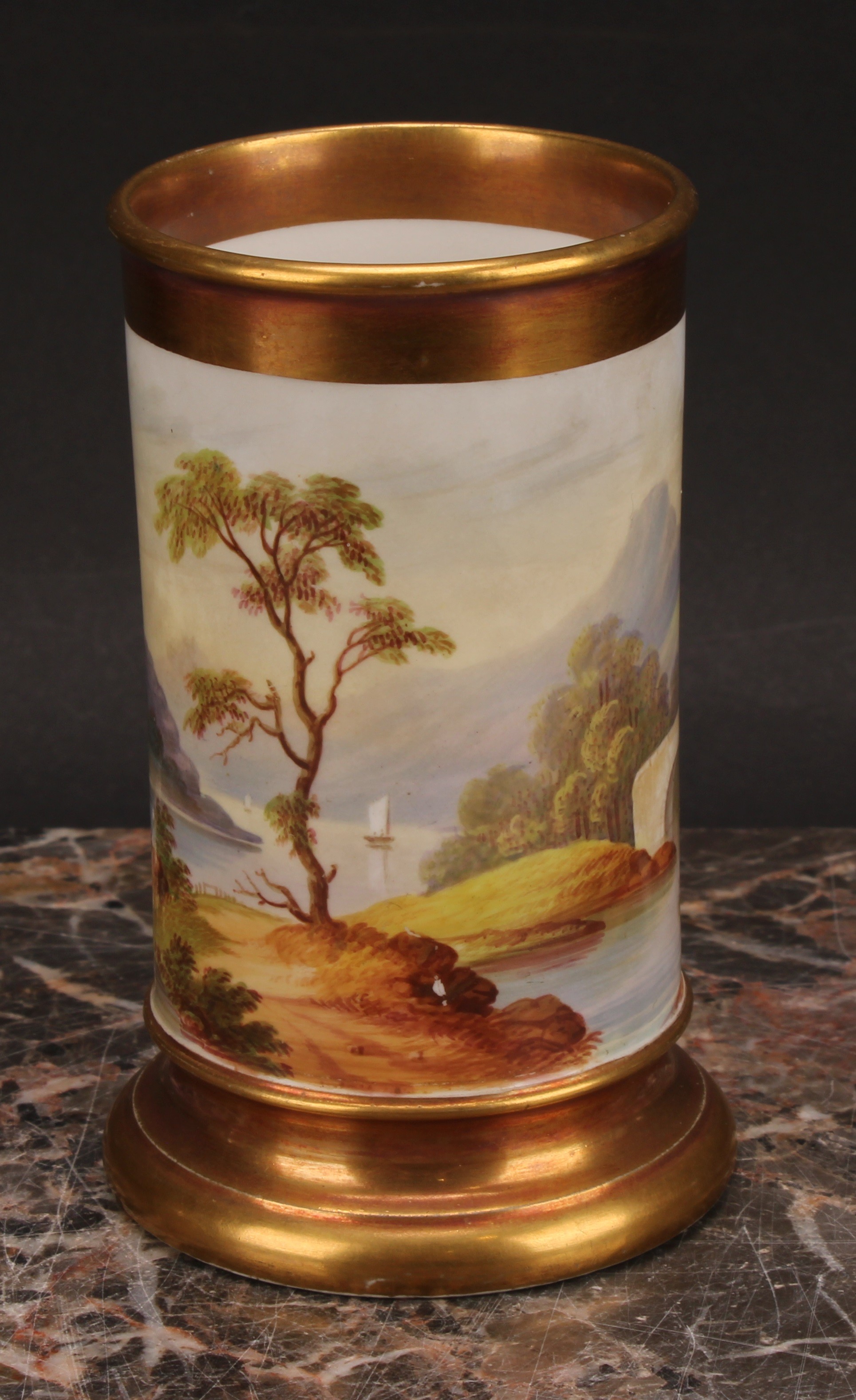A pair of English porcelain cylindrical spill vases, each painted with a continuous lakeside - Image 9 of 12
