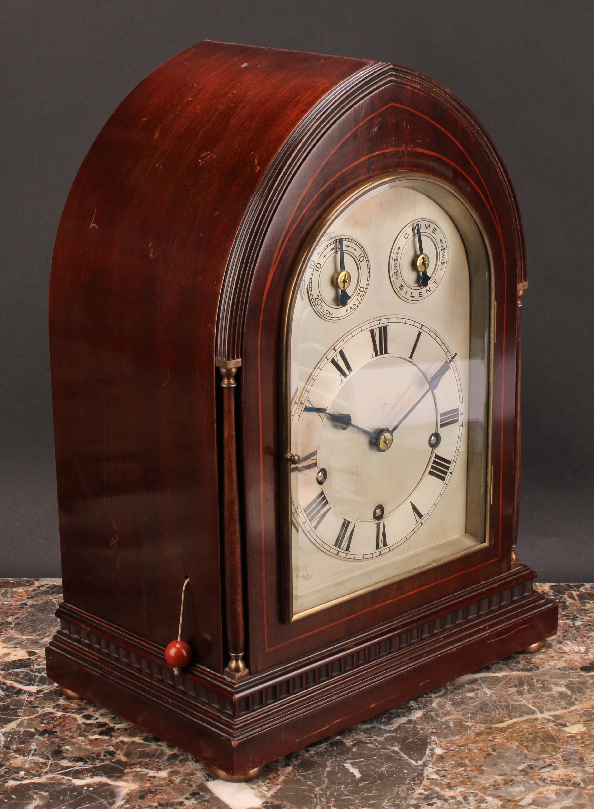 An early 20th century mahogany lancet bracket clock, 14.5cm arched silvered dial with Roman - Image 2 of 3