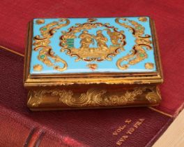 An 18th century gilt metal and enamel waisted rectangular table snuff box, hinged cover decorated in