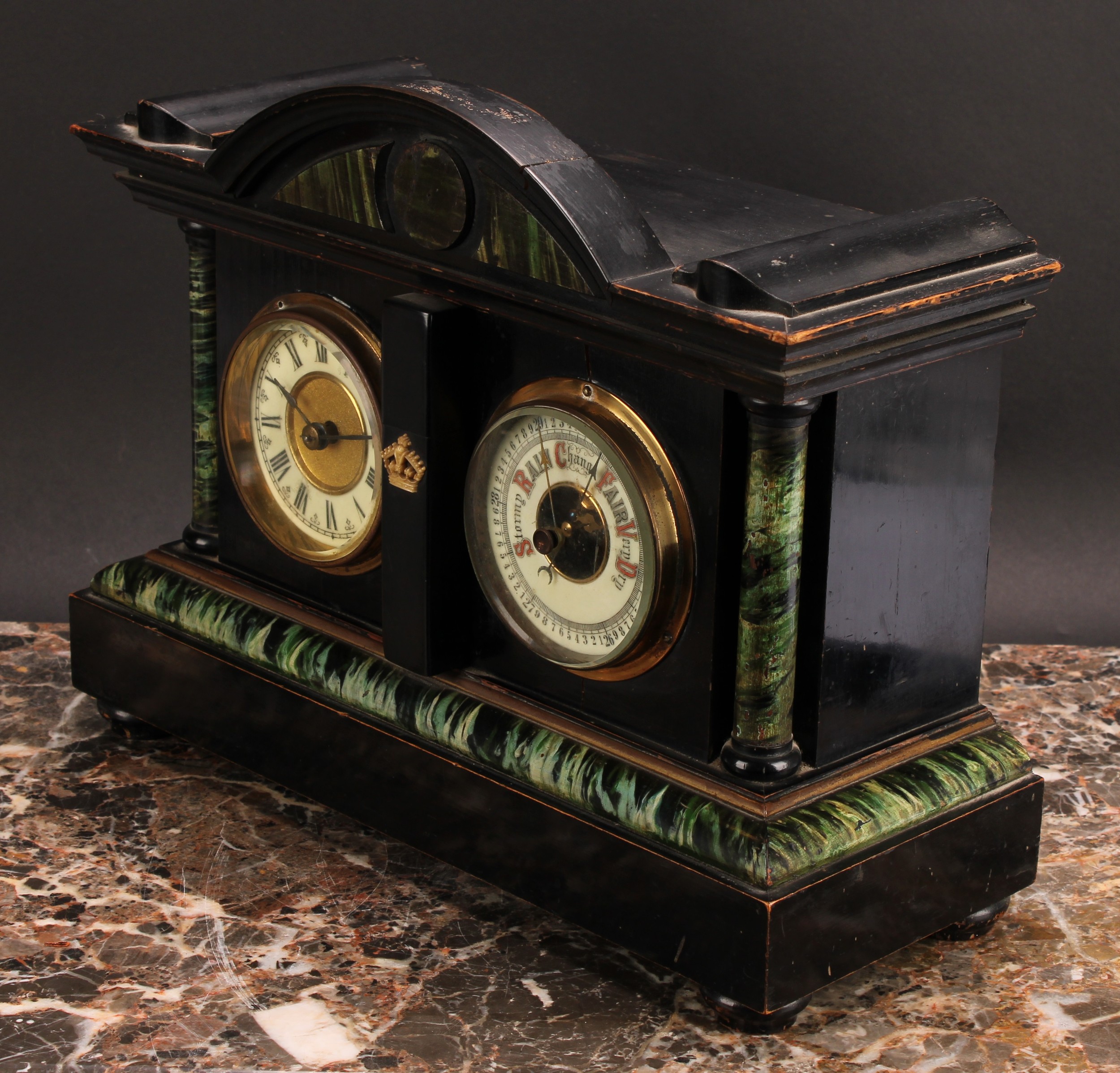 A late 19th century scumbled and ebonised combination mantel timepiece and aneroid barometer, 8cm - Image 3 of 4