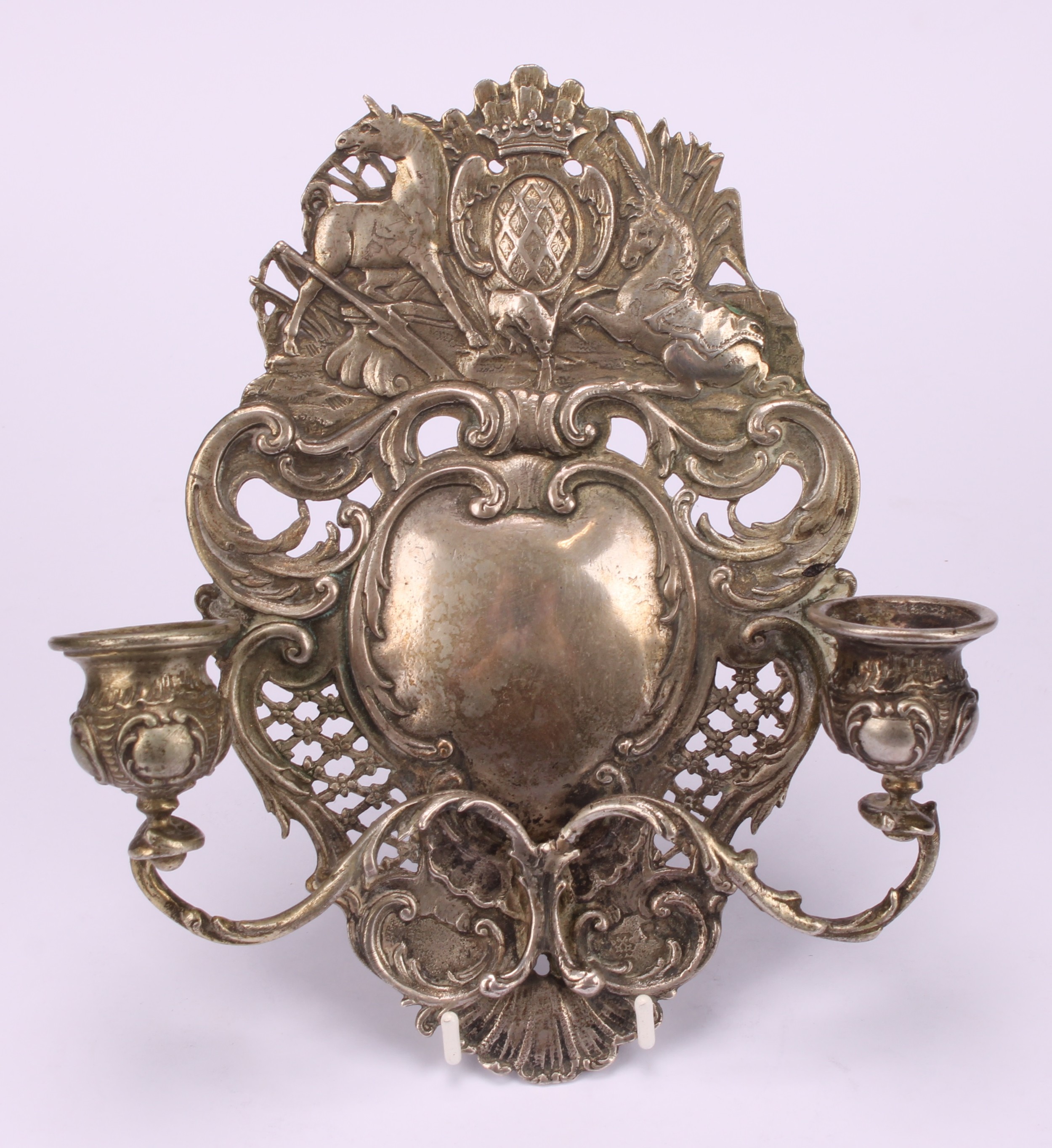 A 19th century Dutch silver girandole, of small proportions, cast in the Rococo taste, the back - Image 2 of 2
