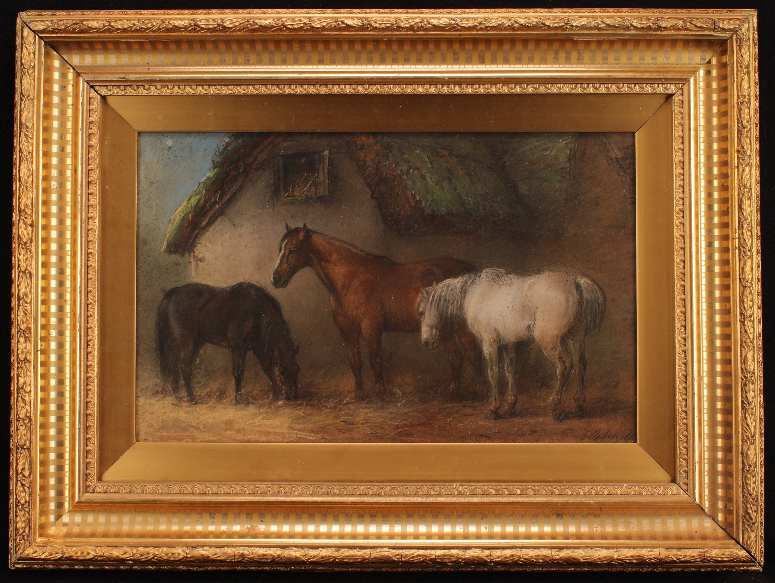 English School (19th century) Horses in a Stable Yard, indistinctly signed, pastel, 24.5cm x 40cm - Image 2 of 4