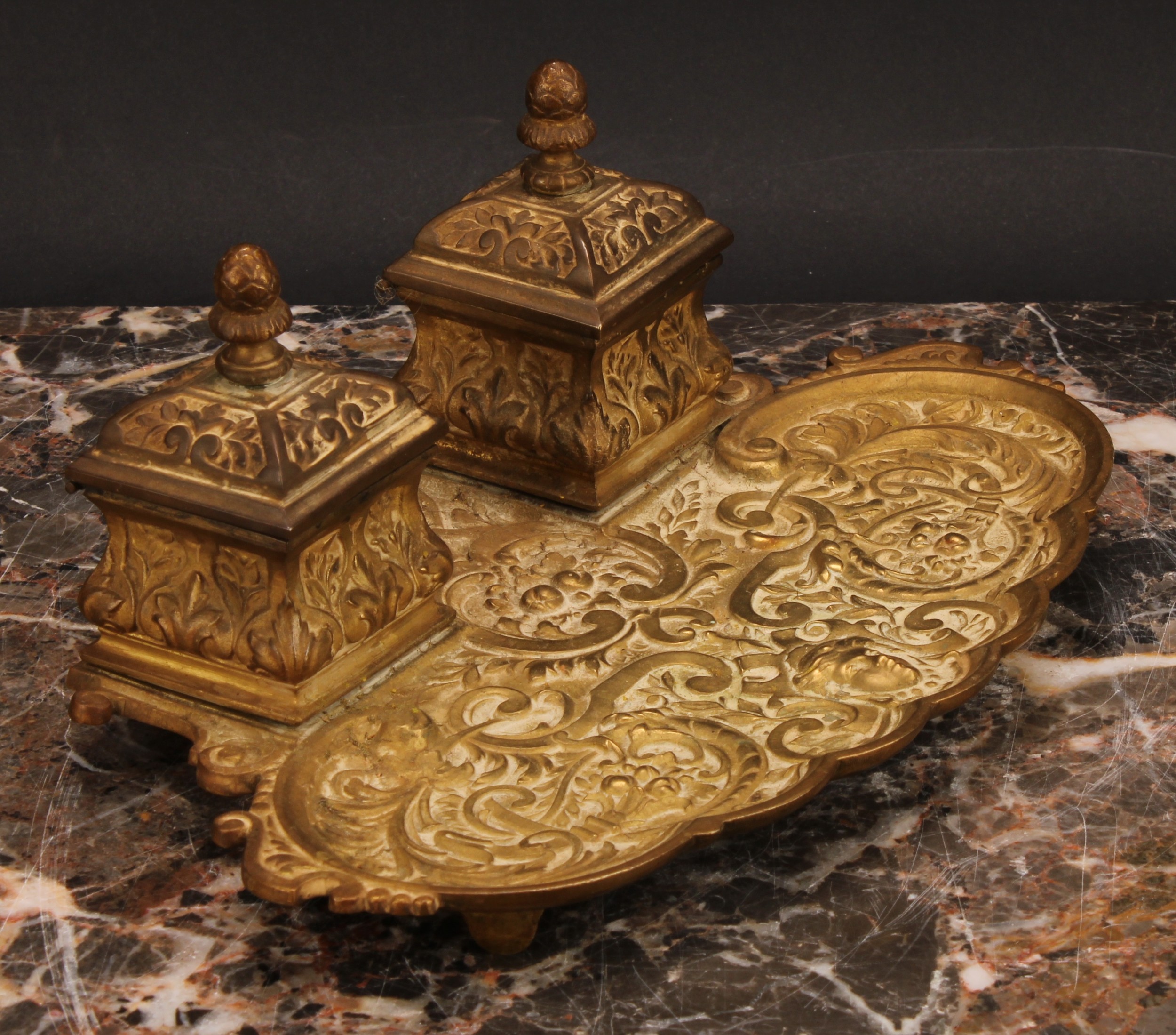 A 19th century gilt bronze inkstand, cast in the Renaissance Revival taste with masks, leafy - Image 3 of 4