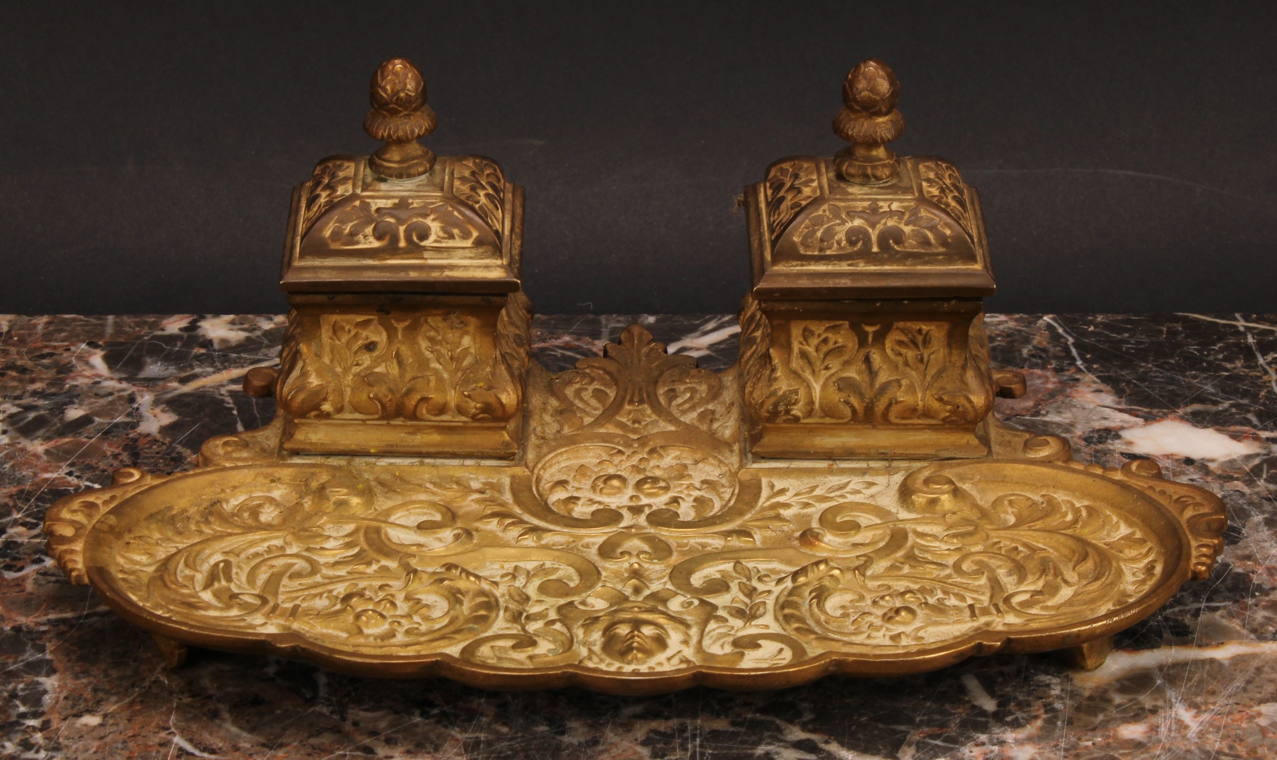 A 19th century gilt bronze inkstand, cast in the Renaissance Revival taste with masks, leafy - Image 2 of 4