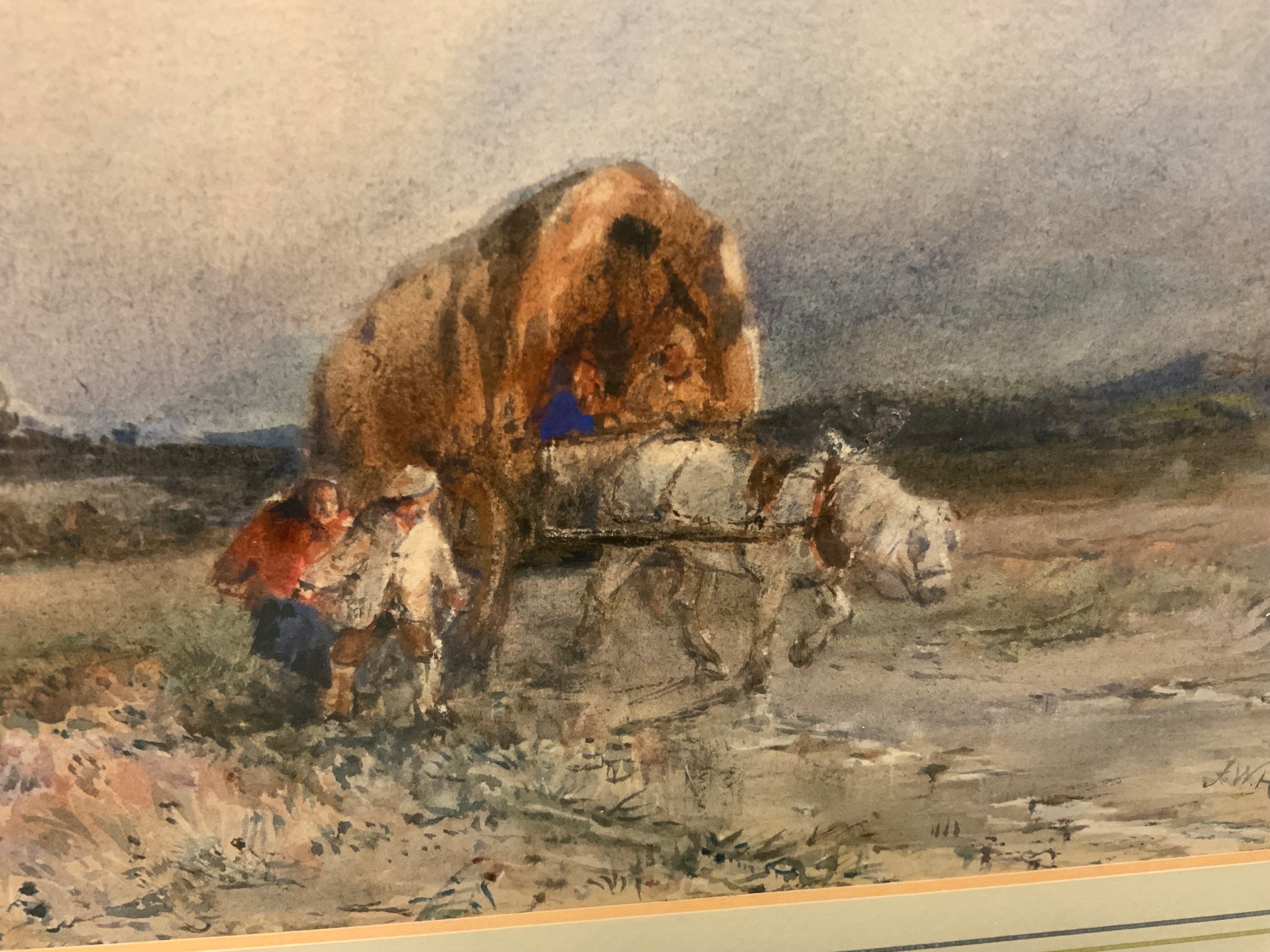 Frederick William Hattersley (1859-1942) - Gypsy Caravan on the high moor, signed, watercolour, 24cm - Image 3 of 3