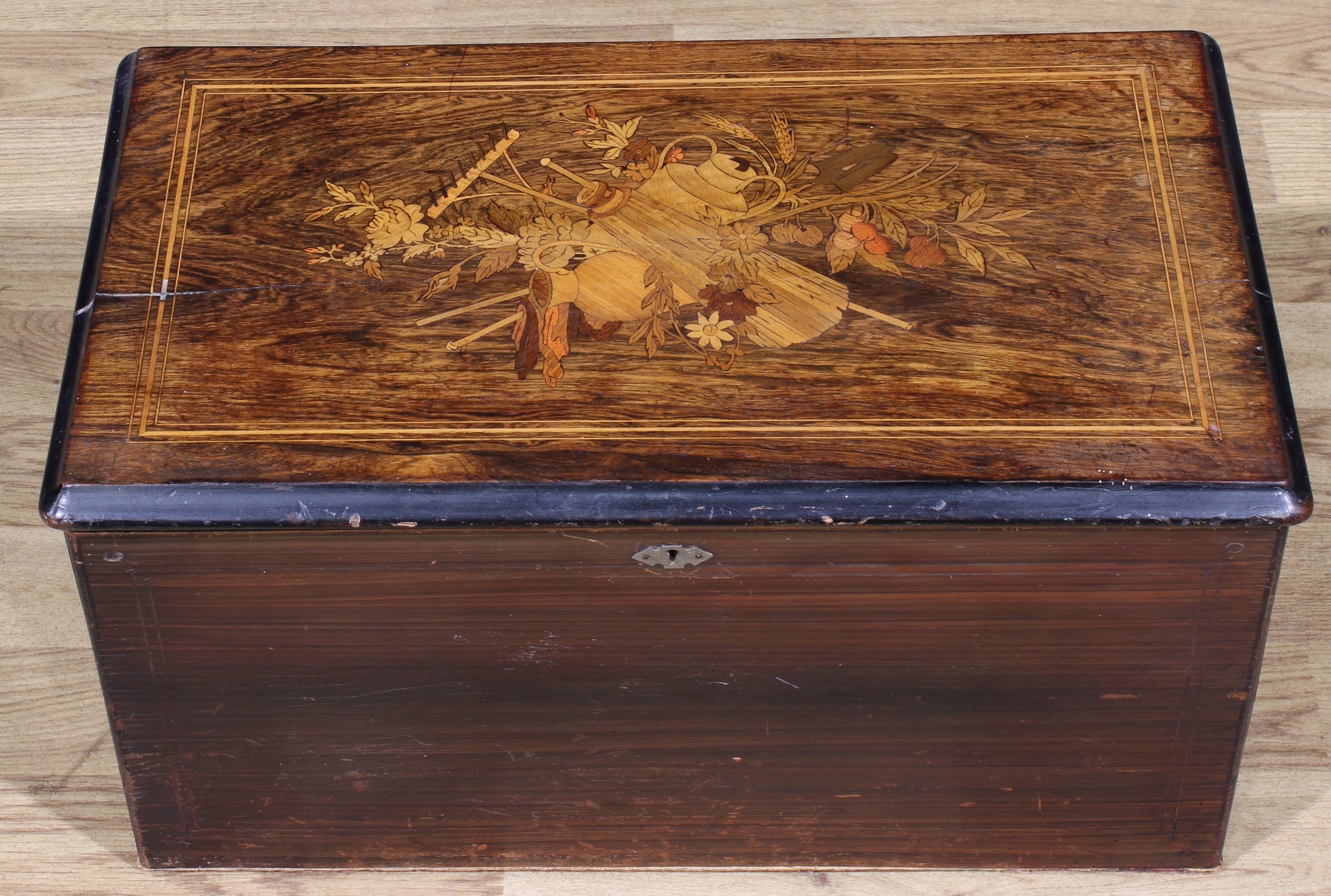 A large 19th century Swiss rosewood and marquetry rectangular bells-in-sight music box, the 23cm - Image 4 of 5