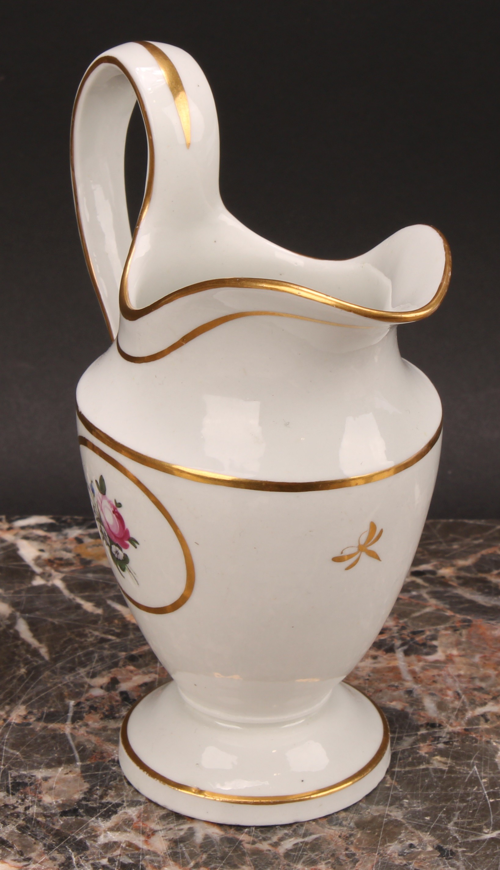 A Thomas Wolfe Factory Z helmet shaped cream jug, painted with flowers within an oval gilt - Image 9 of 12