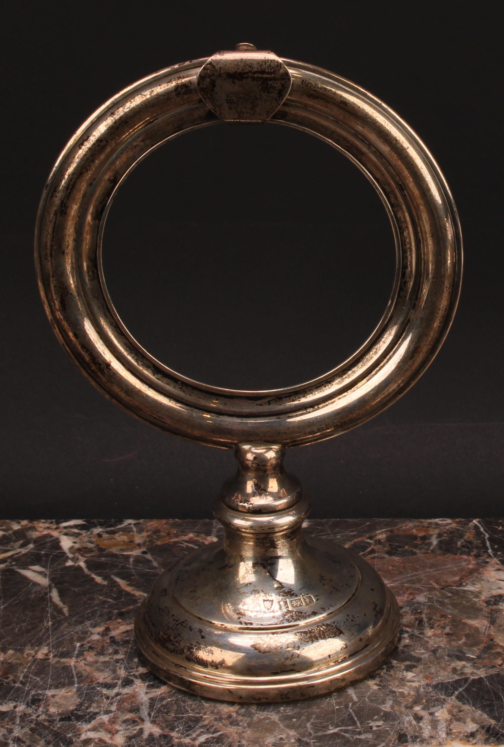 An Elizabeth II silver pocket watch stand, circular banner, domed foot, loaded base, 21.5cm high, - Image 2 of 4