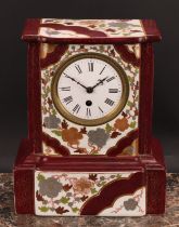 An Aesthetic Movement earthenware mantel timepiece, 9.5cm enamel clock dial inscribed with Roman