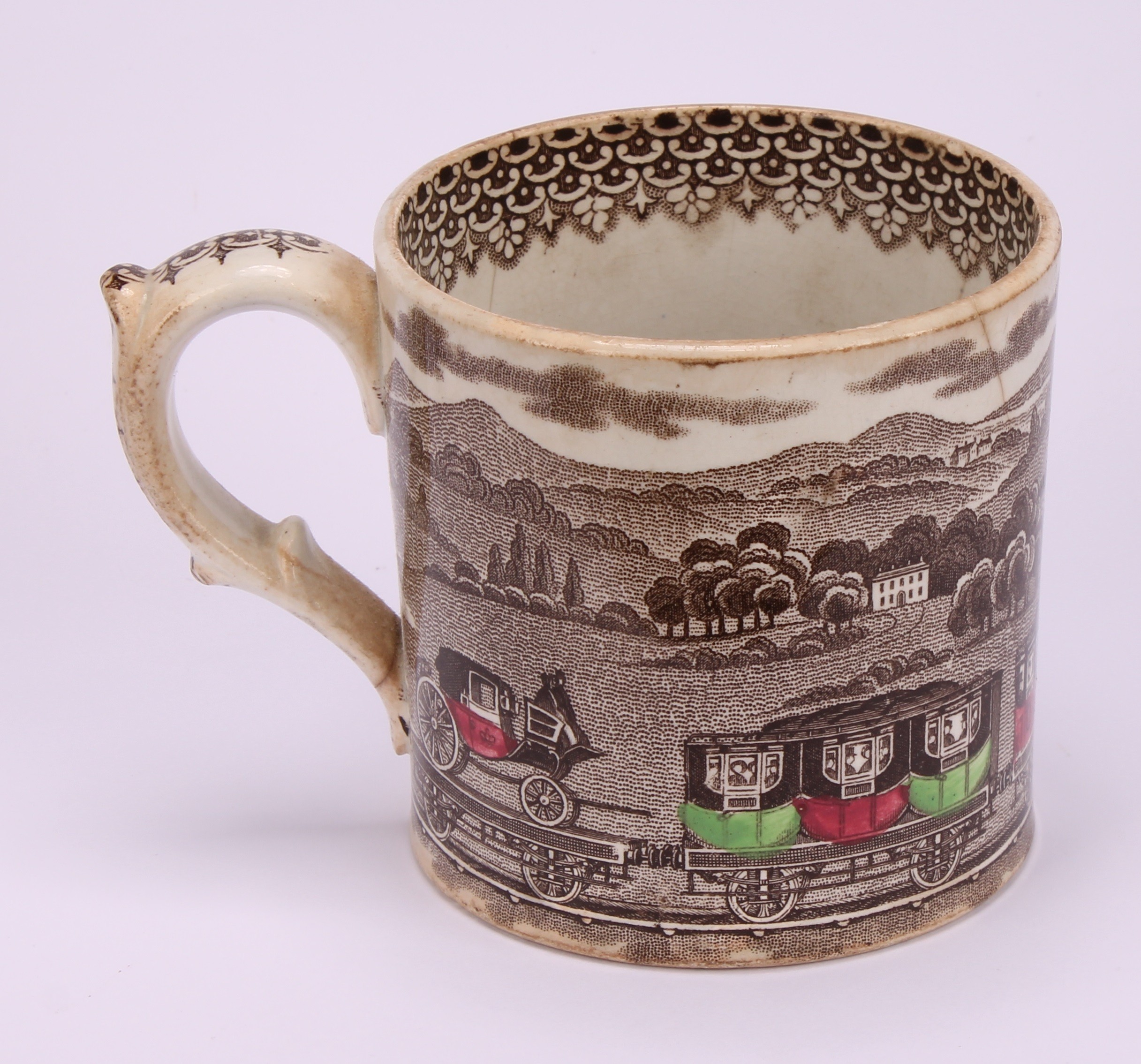 Railway Interest - steam locomotives, a 19th century Staffordshire pearlware mug, printed in sepia - Image 5 of 10